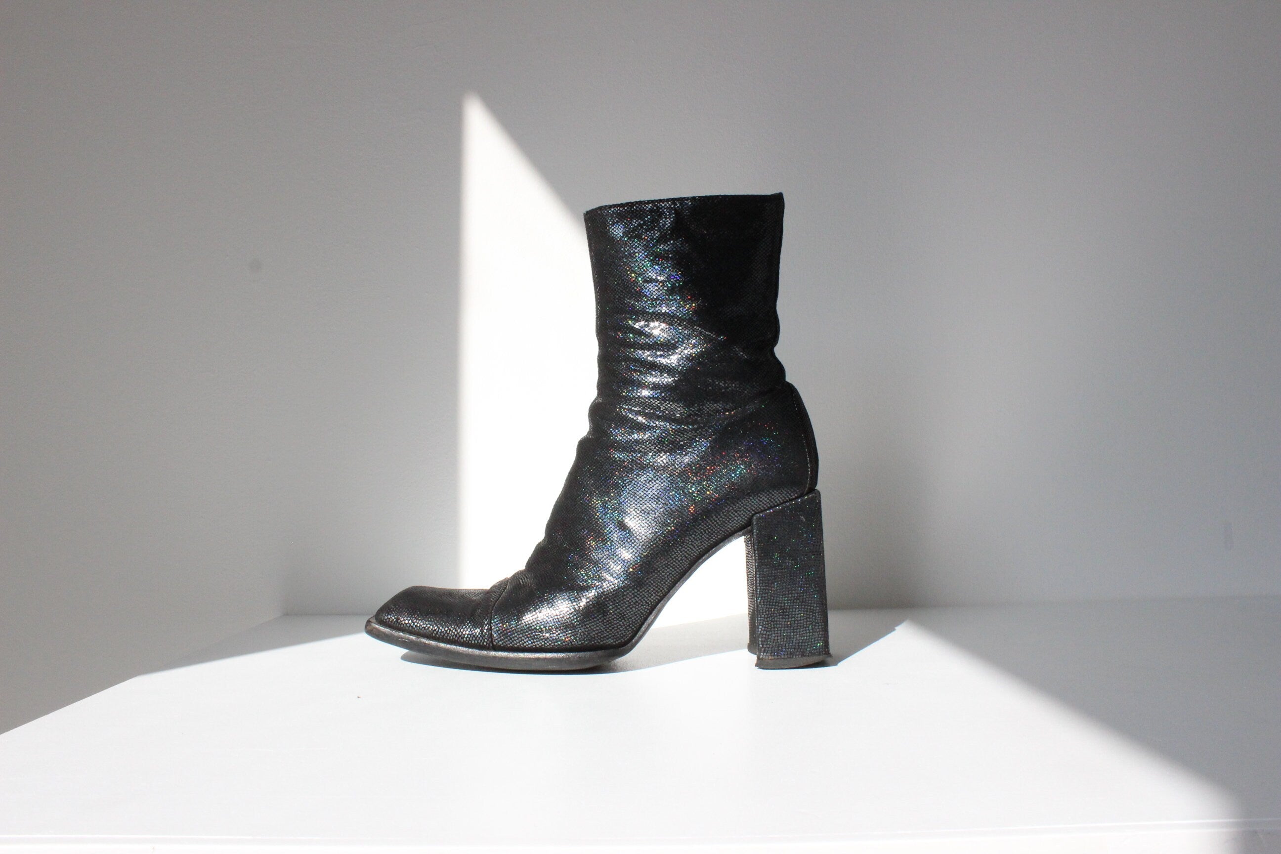 90s Michel Perry Holographic Leather Boots w/ Block Heel ~ Euro 39