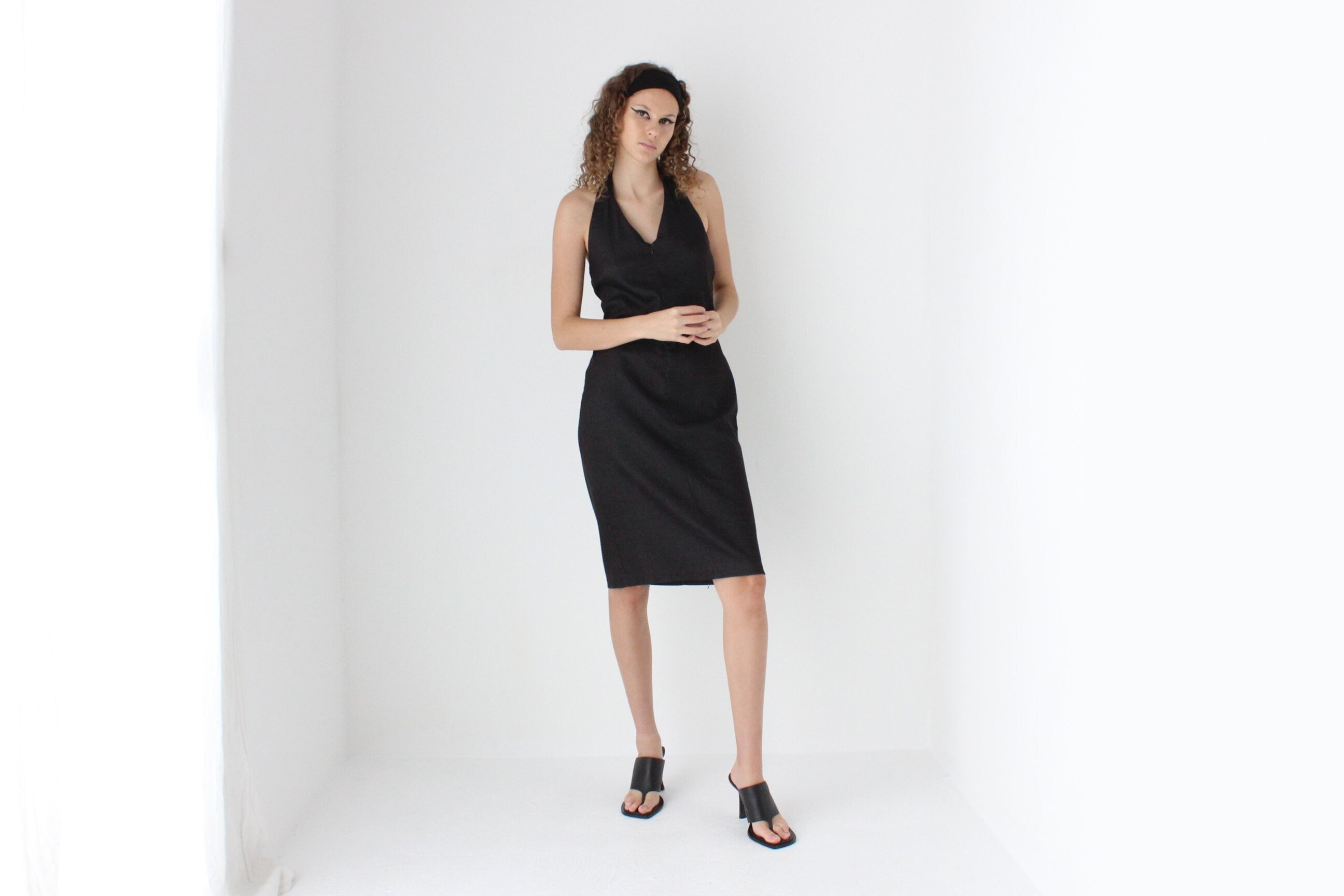 Y2K Charcoal Denim Zip Front Halter Dress