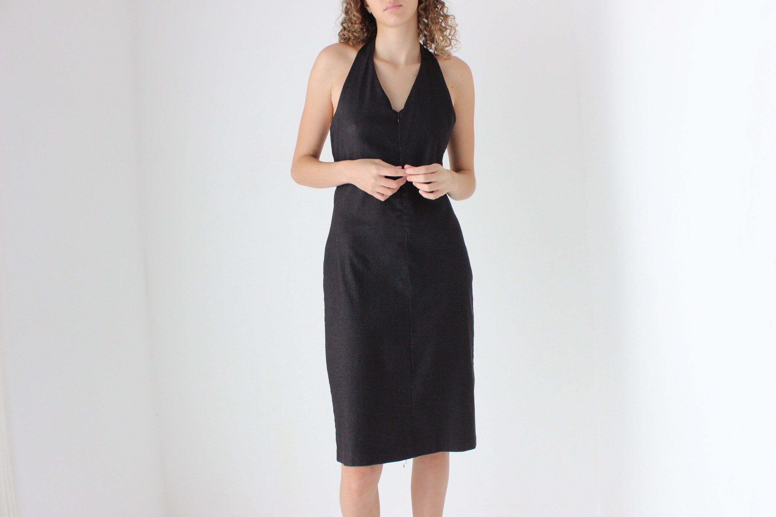 Y2K Charcoal Denim Zip Front Halter Dress