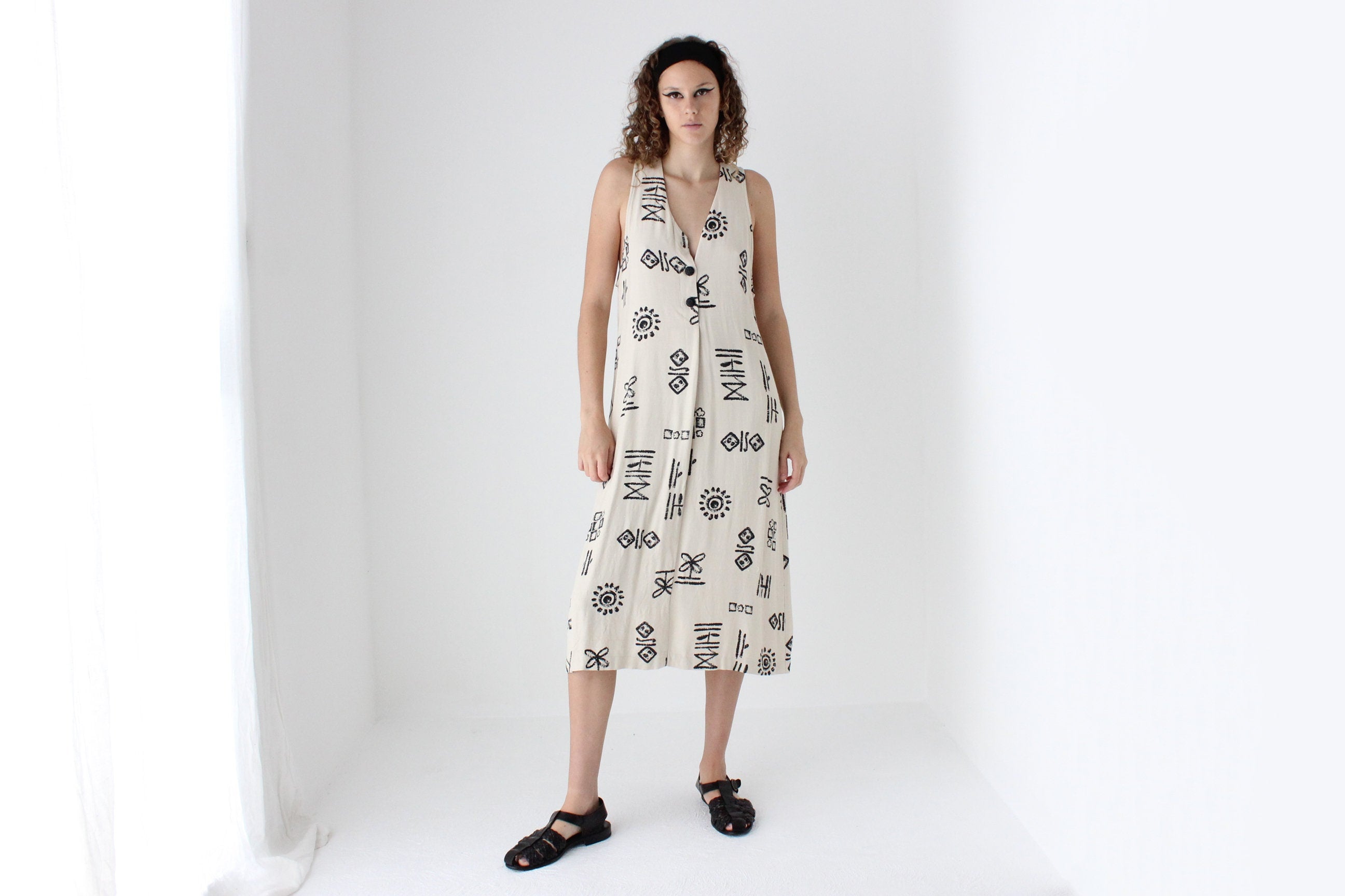 90s Abstract Print Relaxed Button Front Dress