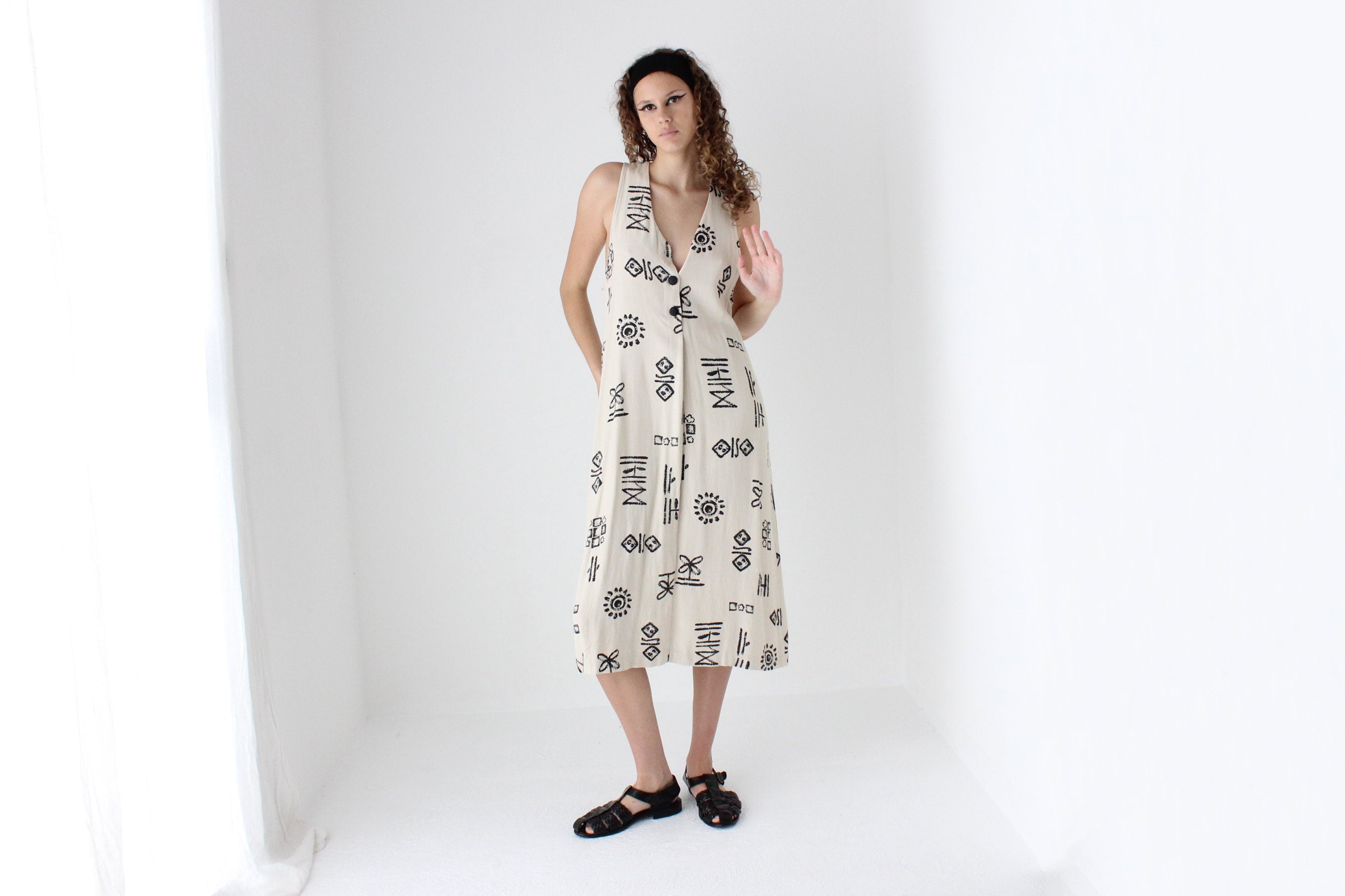 90s Abstract Print Relaxed Button Front Dress