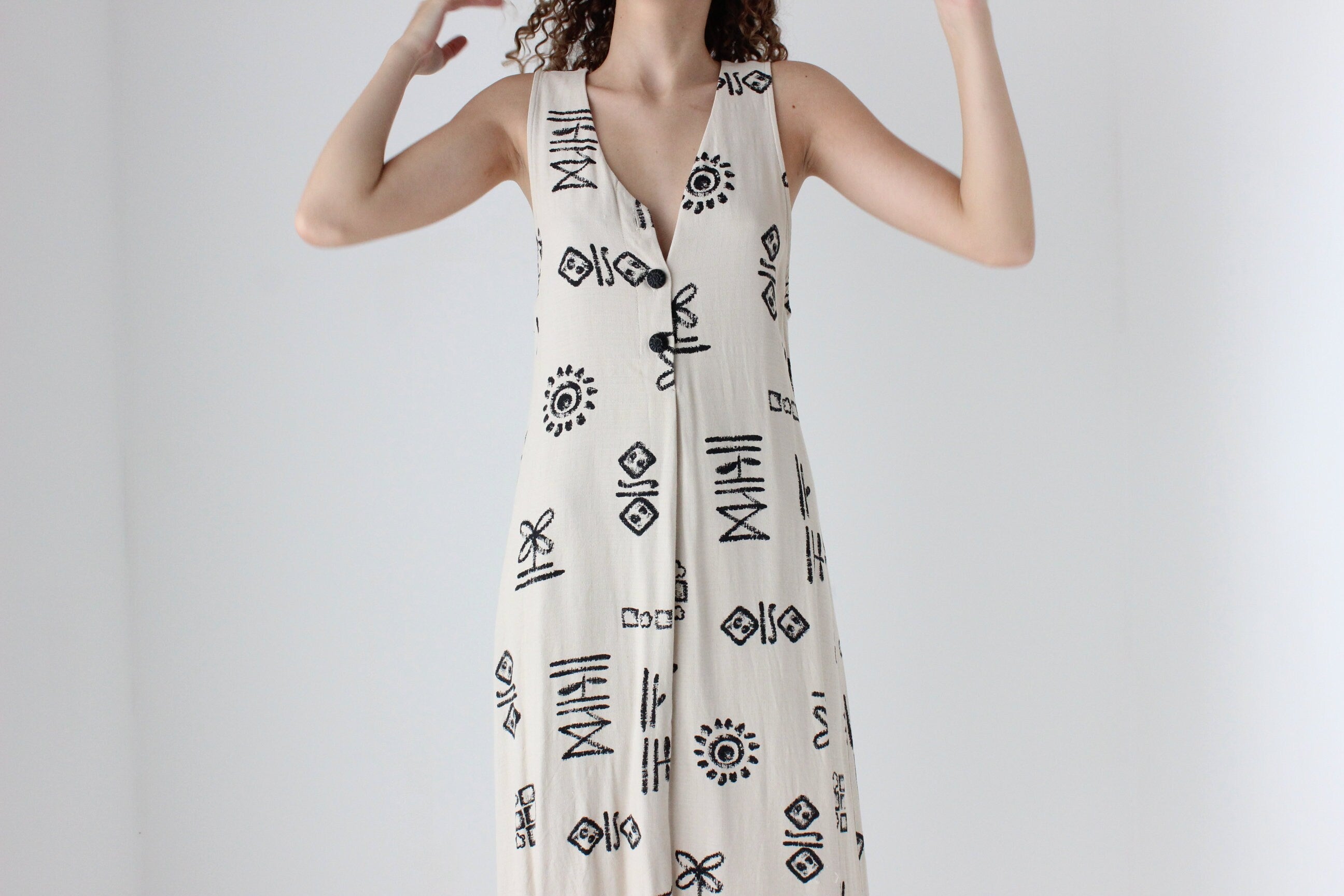 90s Abstract Print Relaxed Button Front Dress