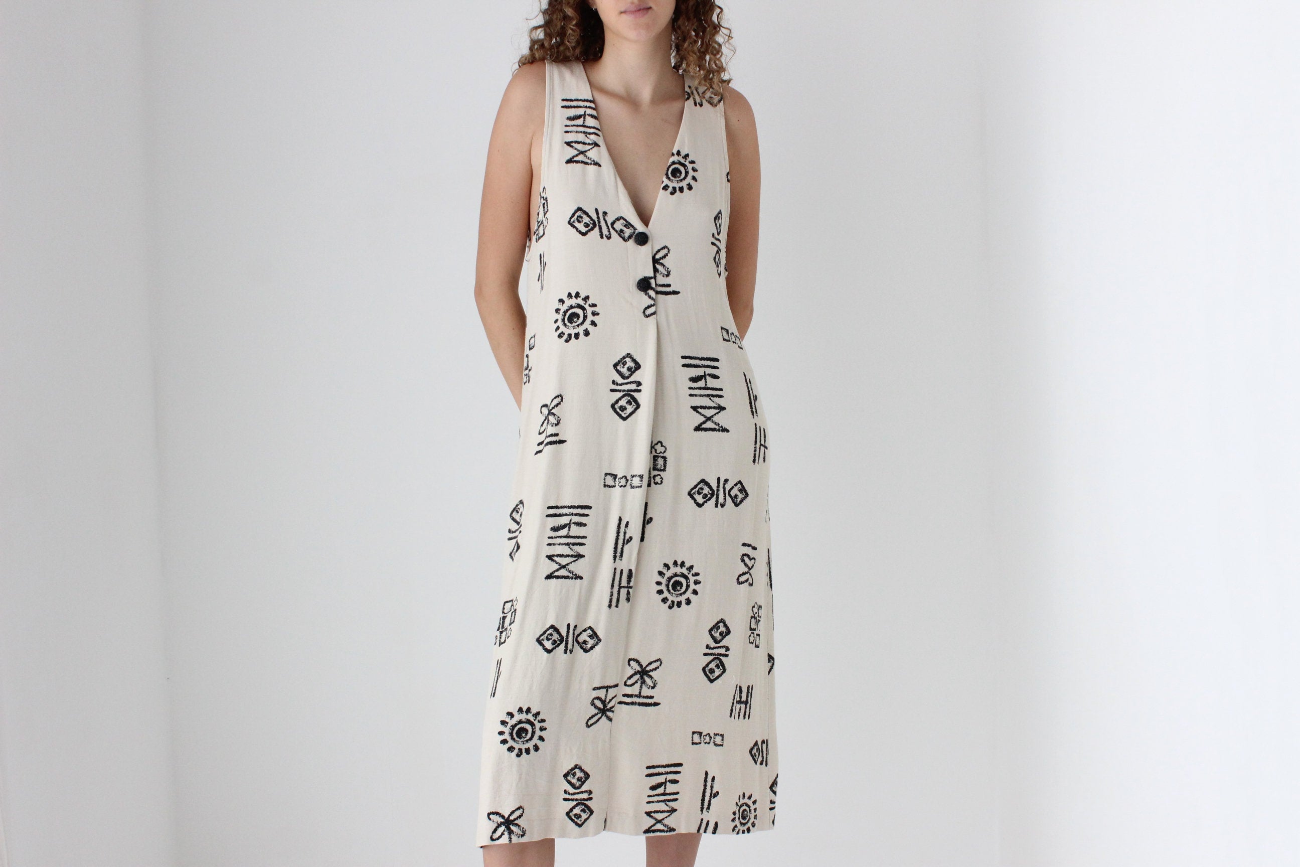 90s Abstract Print Relaxed Button Front Dress