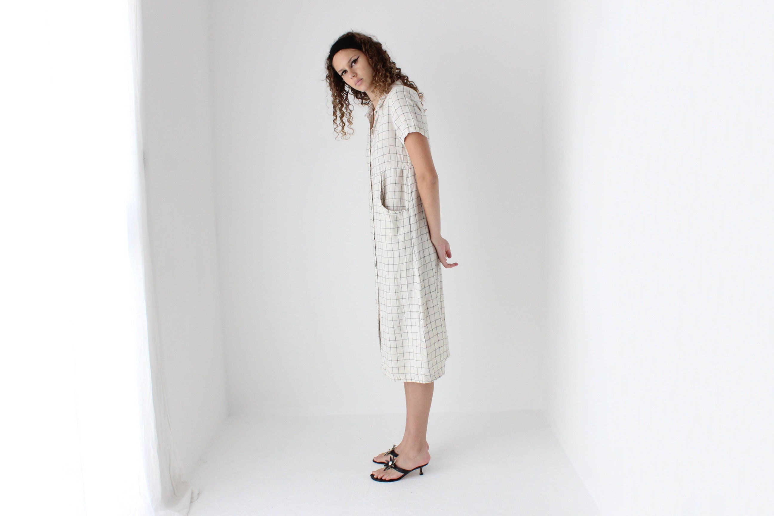 90s Pure Linen Grid Check Relaxed Button Front Dress