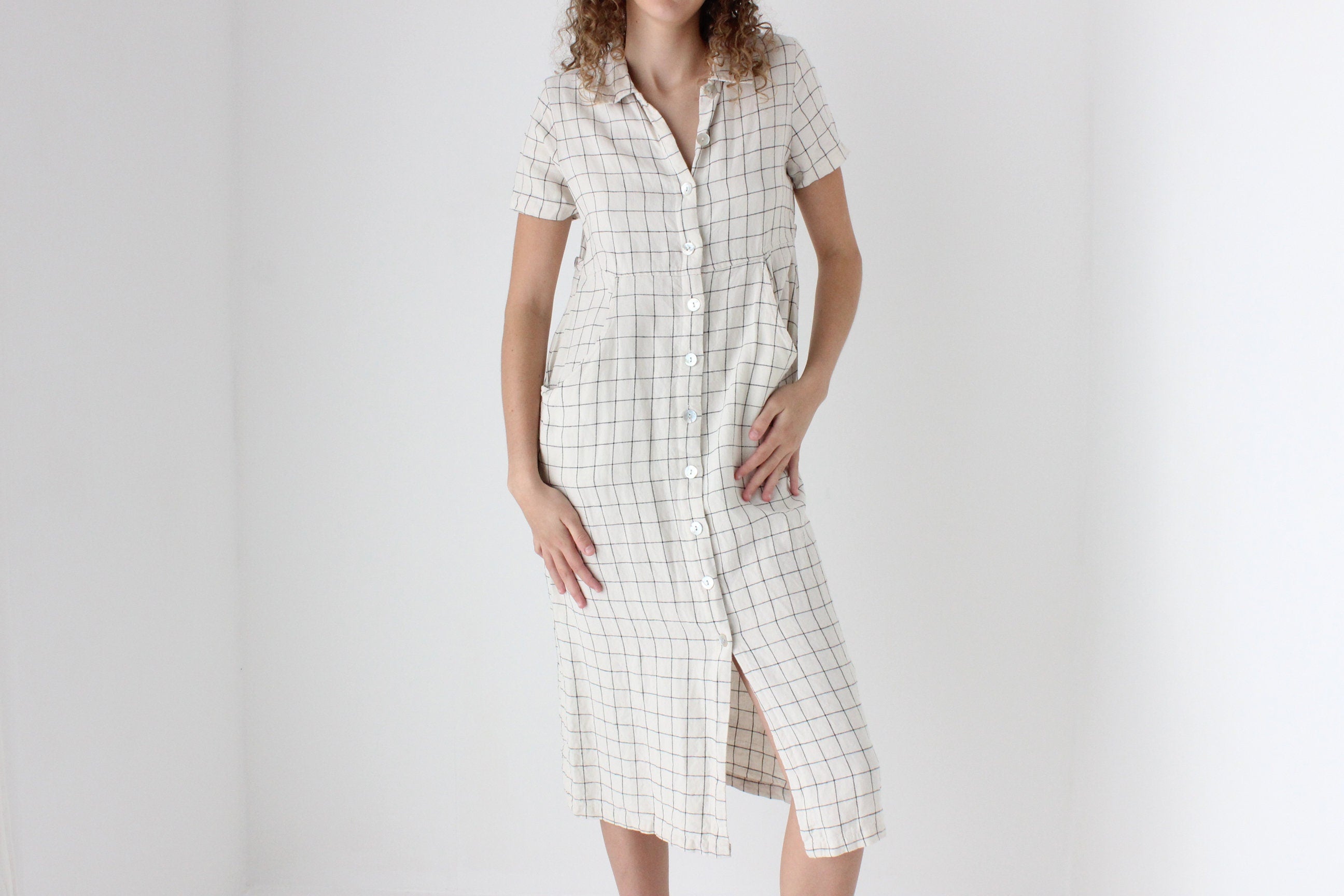 90s Pure Linen Grid Check Relaxed Button Front Dress