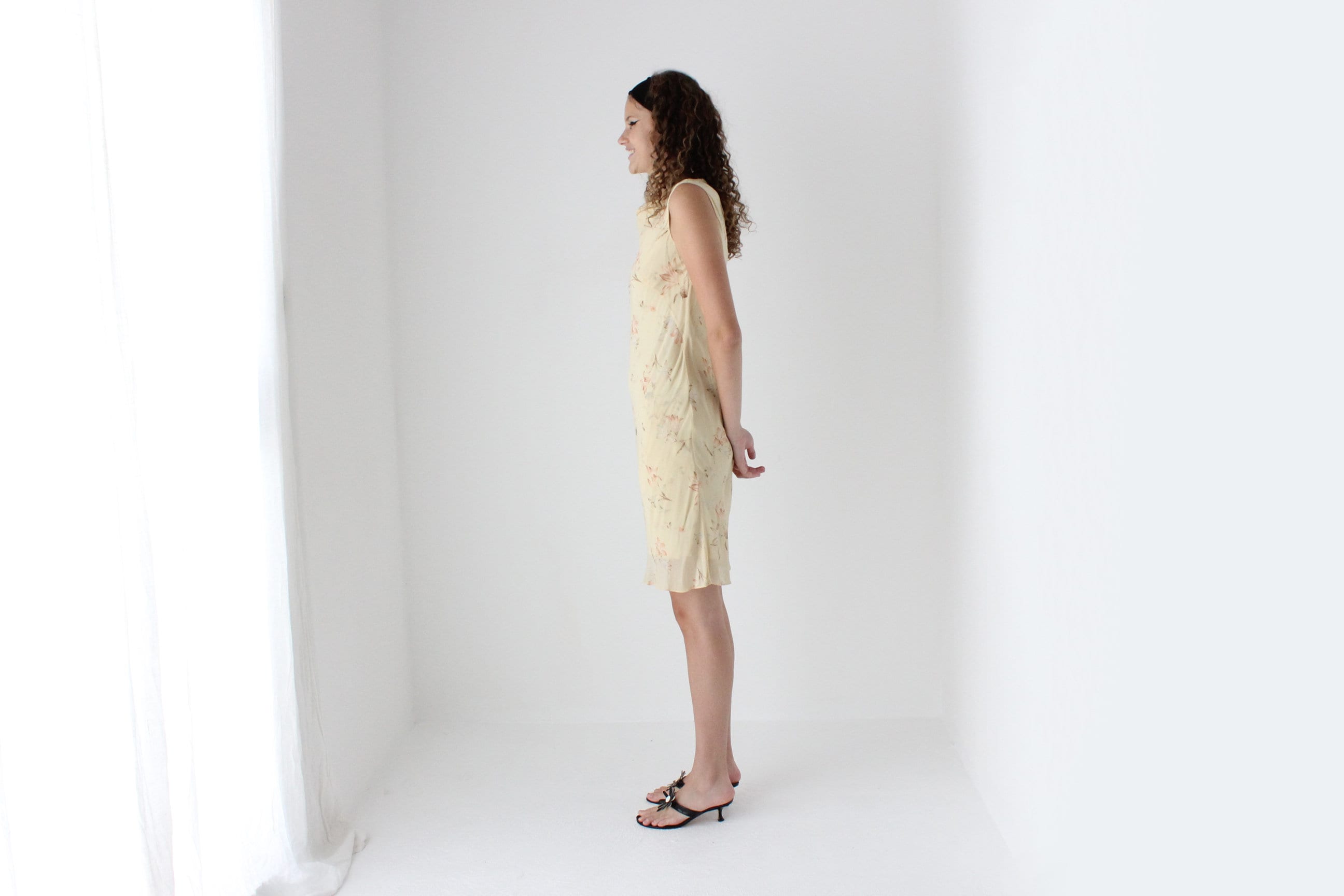 90s Pastel Yellow Cowl Neck / Bias Cut Floral Dress