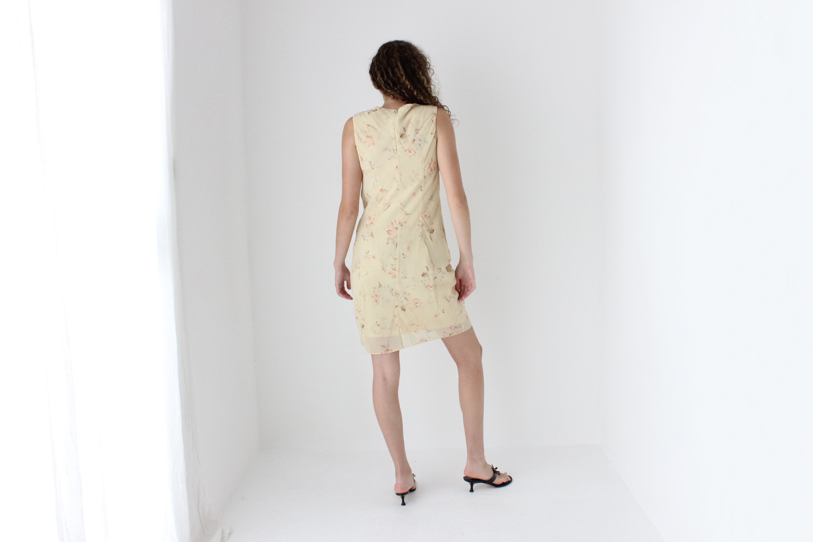 90s Pastel Yellow Cowl Neck / Bias Cut Floral Dress
