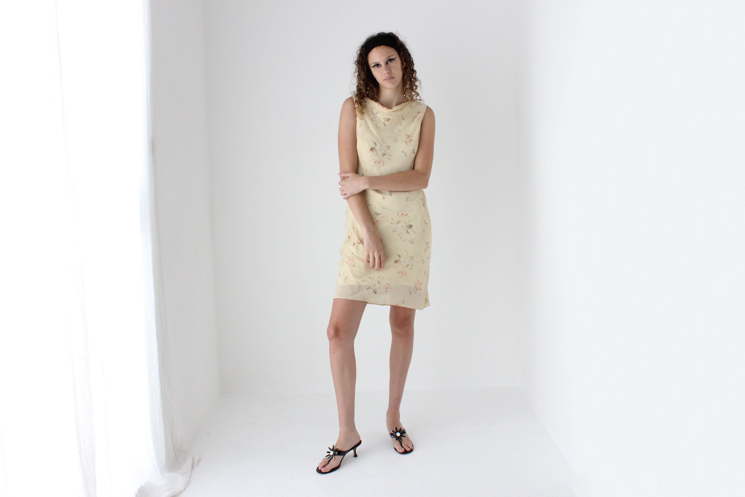 90s Pastel Yellow Cowl Neck / Bias Cut Floral Dress