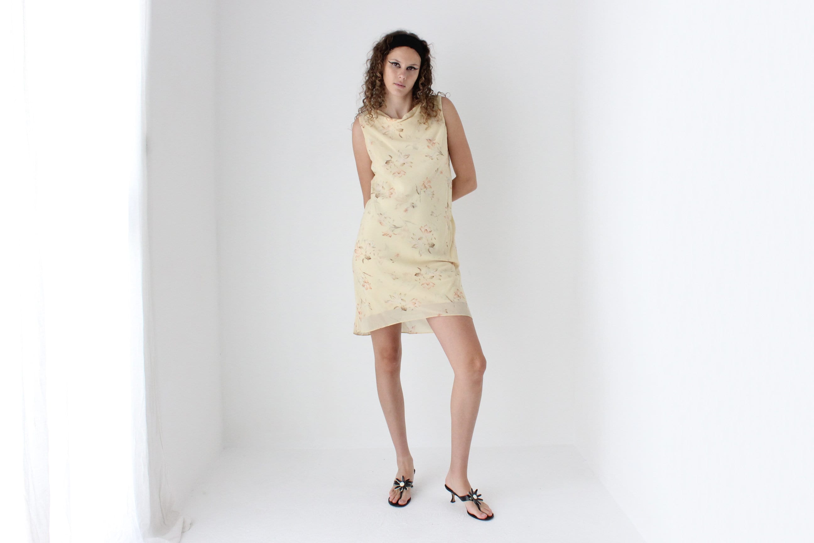 90s Pastel Yellow Cowl Neck / Bias Cut Floral Dress