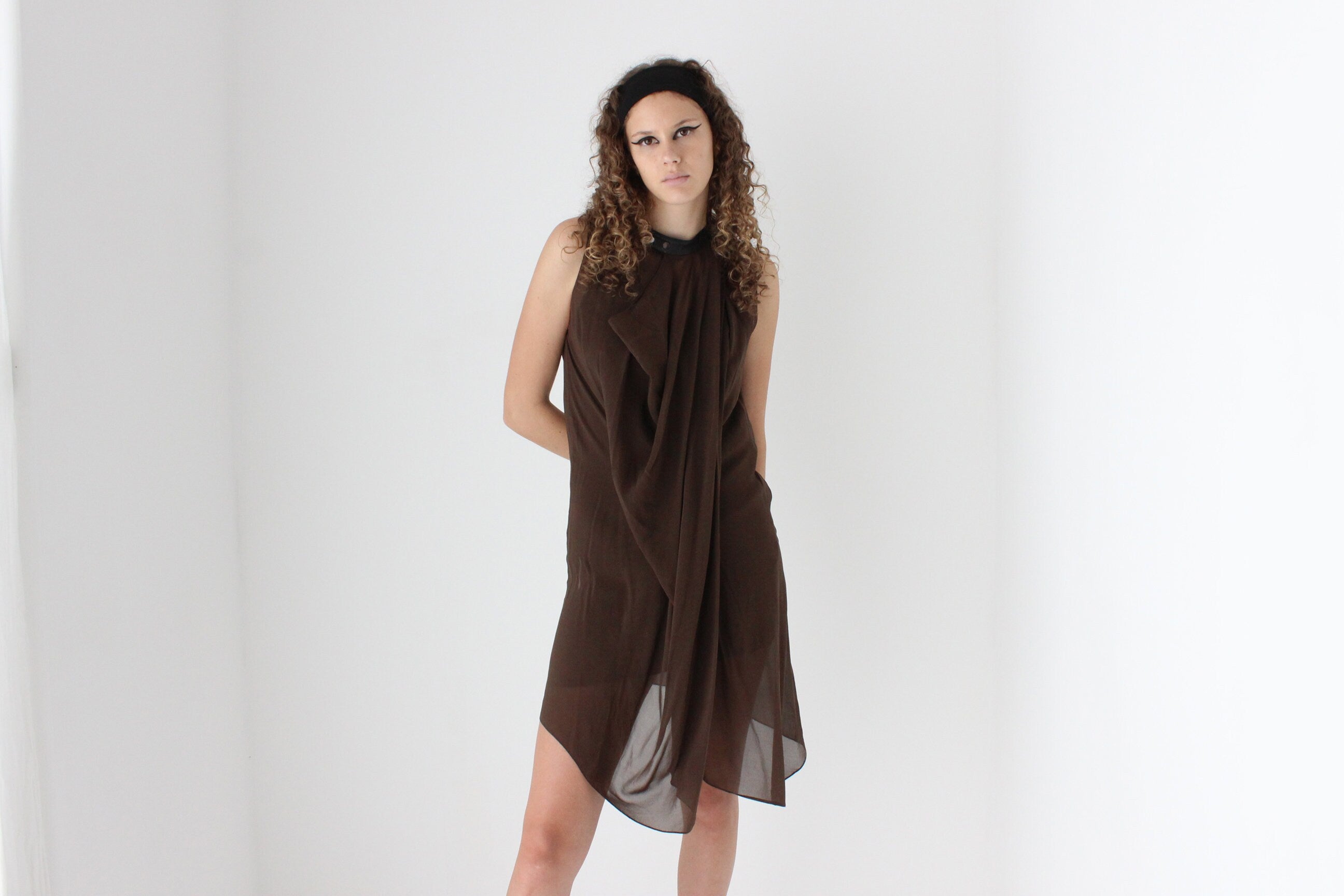 2000s Phillip Lim Layered Chocolate Silk Dress w/ Leather Collar