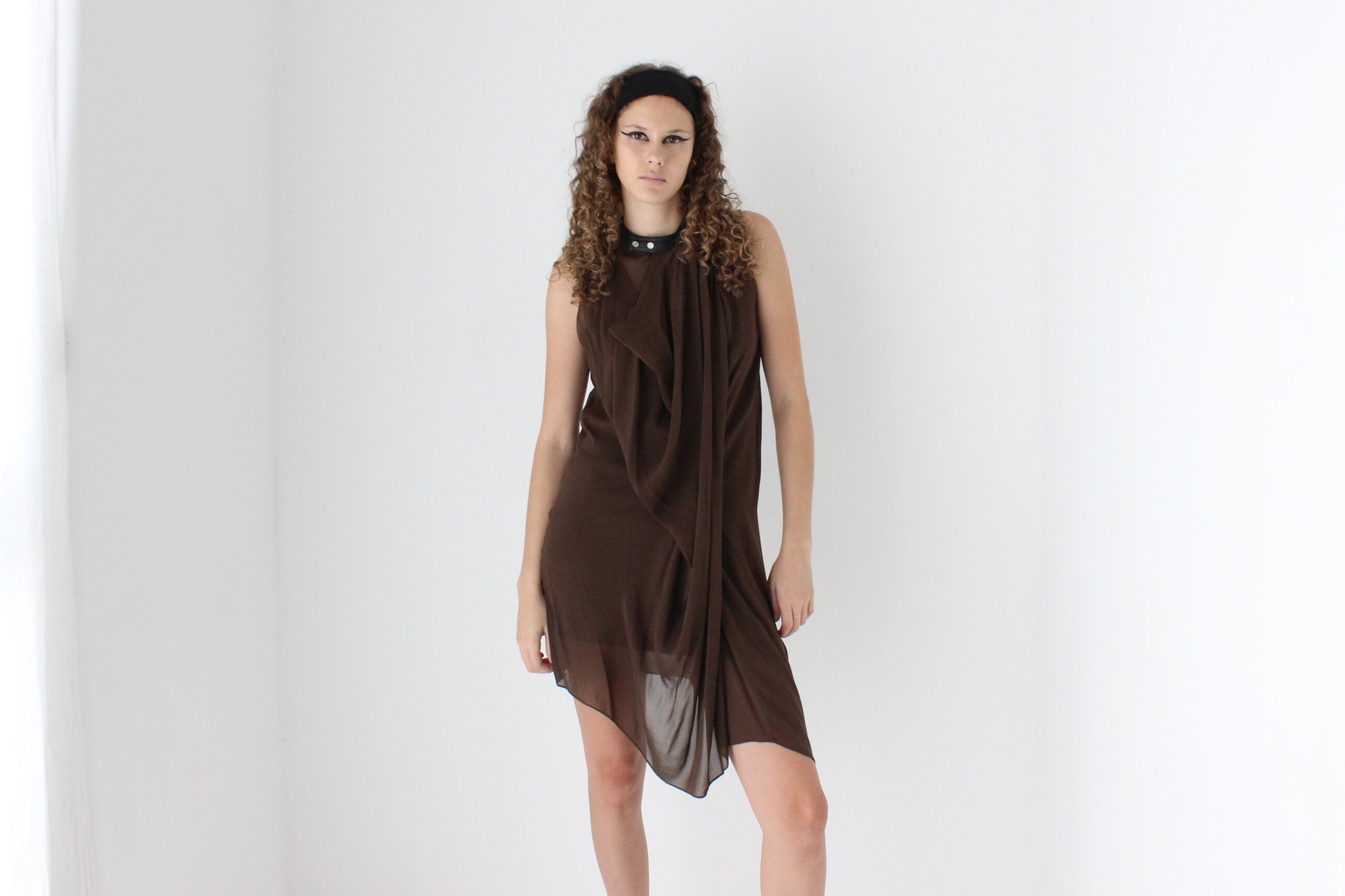 2000s Phillip Lim Layered Chocolate Silk Dress w/ Leather Collar