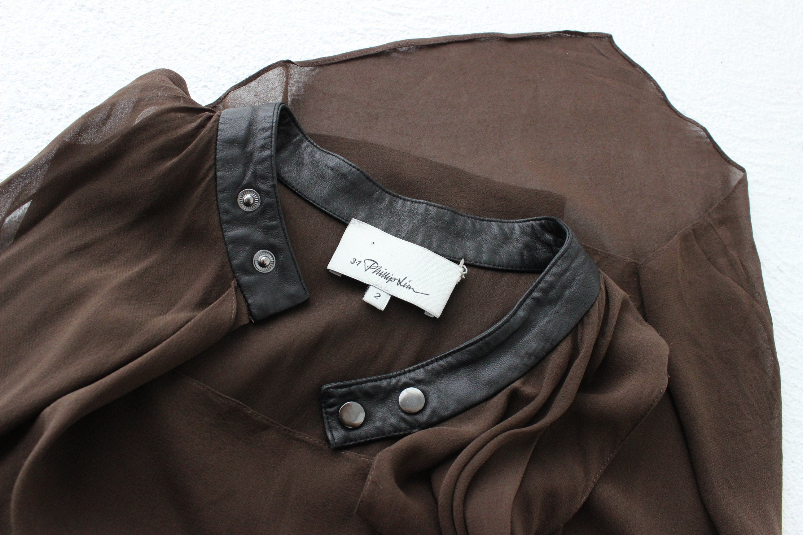 2000s Phillip Lim Layered Chocolate Silk Dress w/ Leather Collar