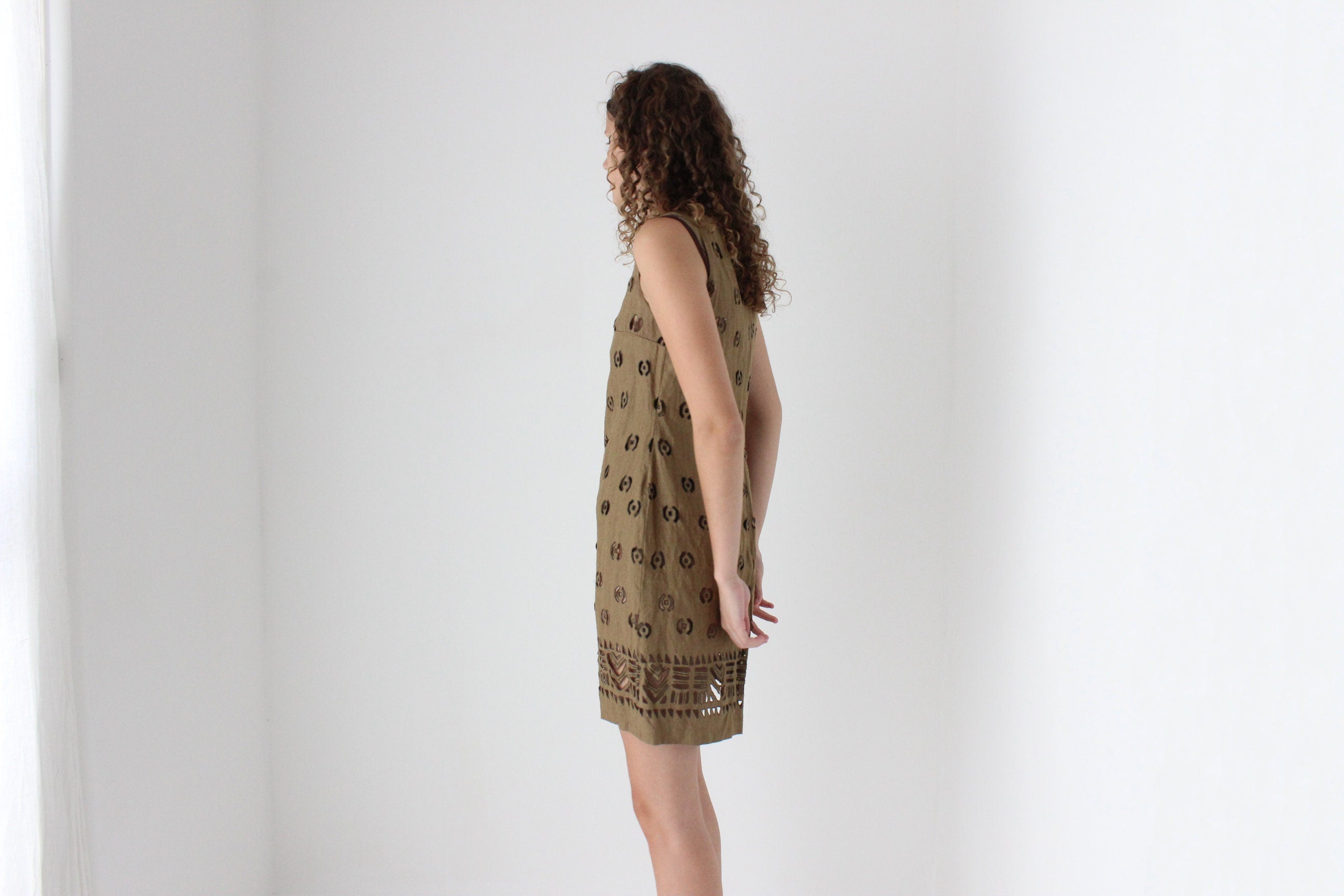 Unique & Unusual 90s Flax Mini Dress w/ Cut Outs