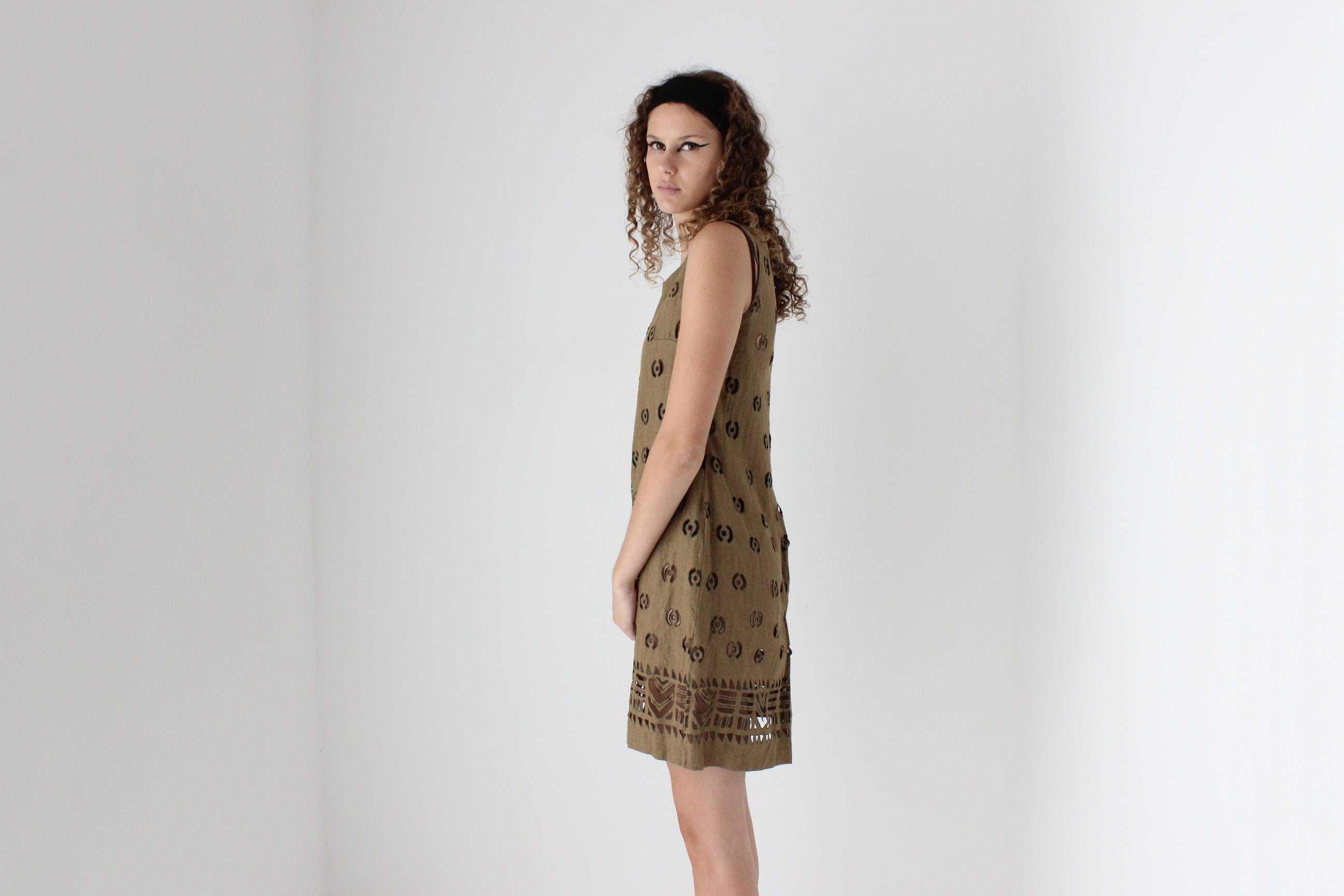 Unique & Unusual 90s Flax Mini Dress w/ Cut Outs