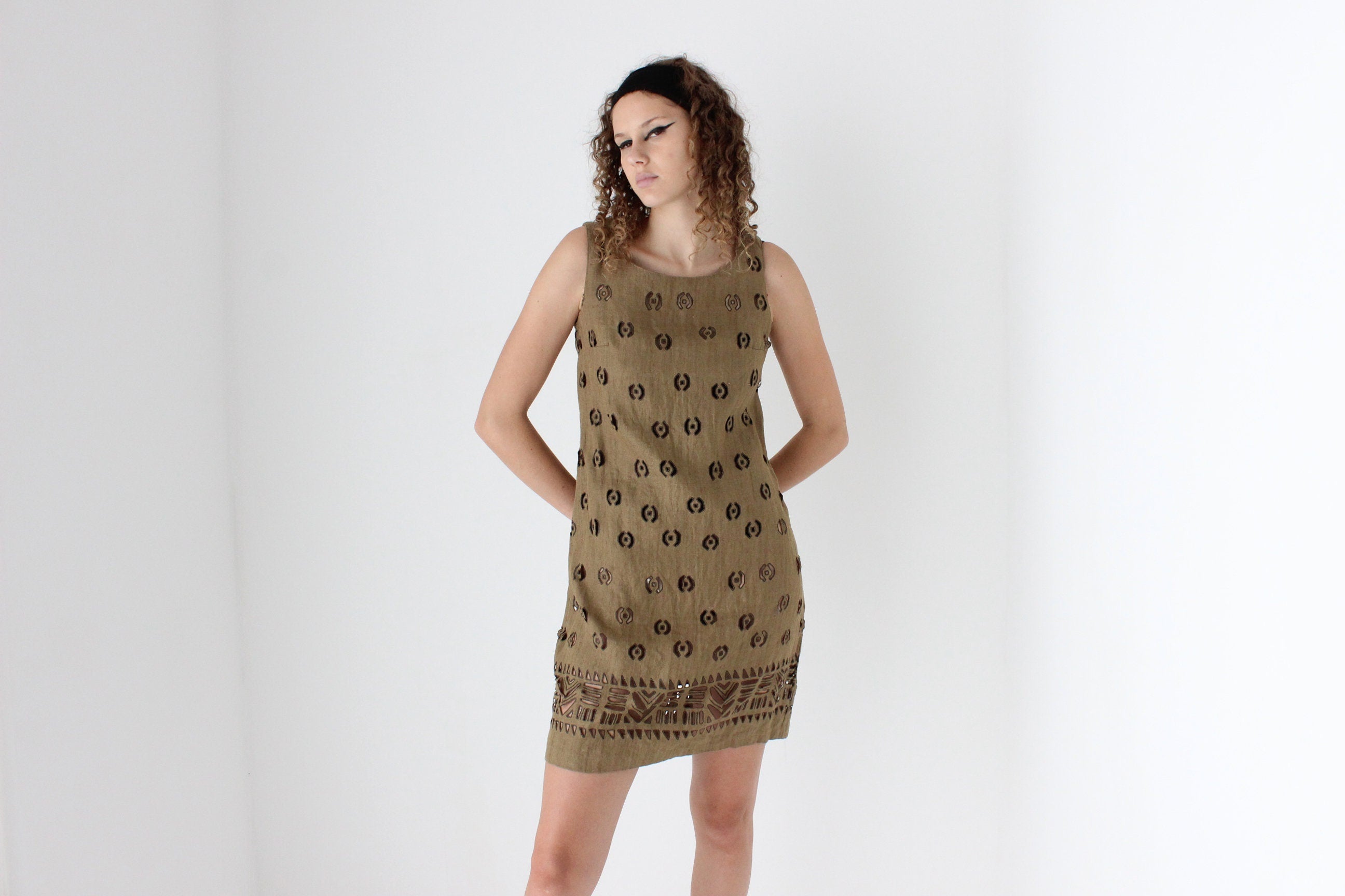 Unique & Unusual 90s Flax Mini Dress w/ Cut Outs
