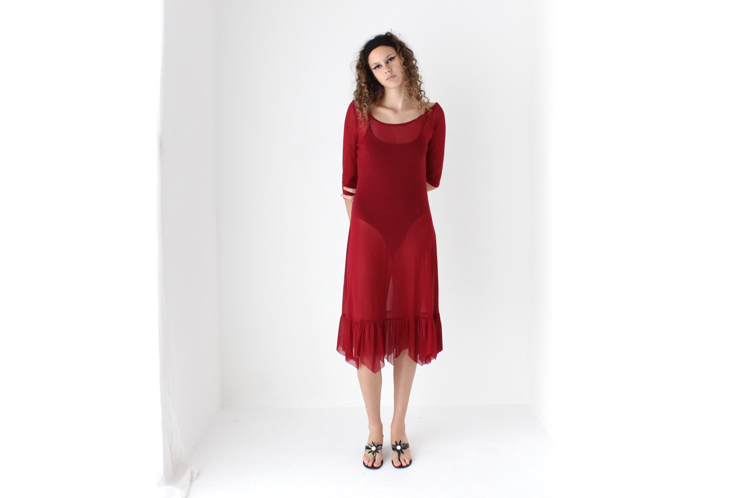 90s Sheer Burgundy Mesh Dress w/ Pointed Hem