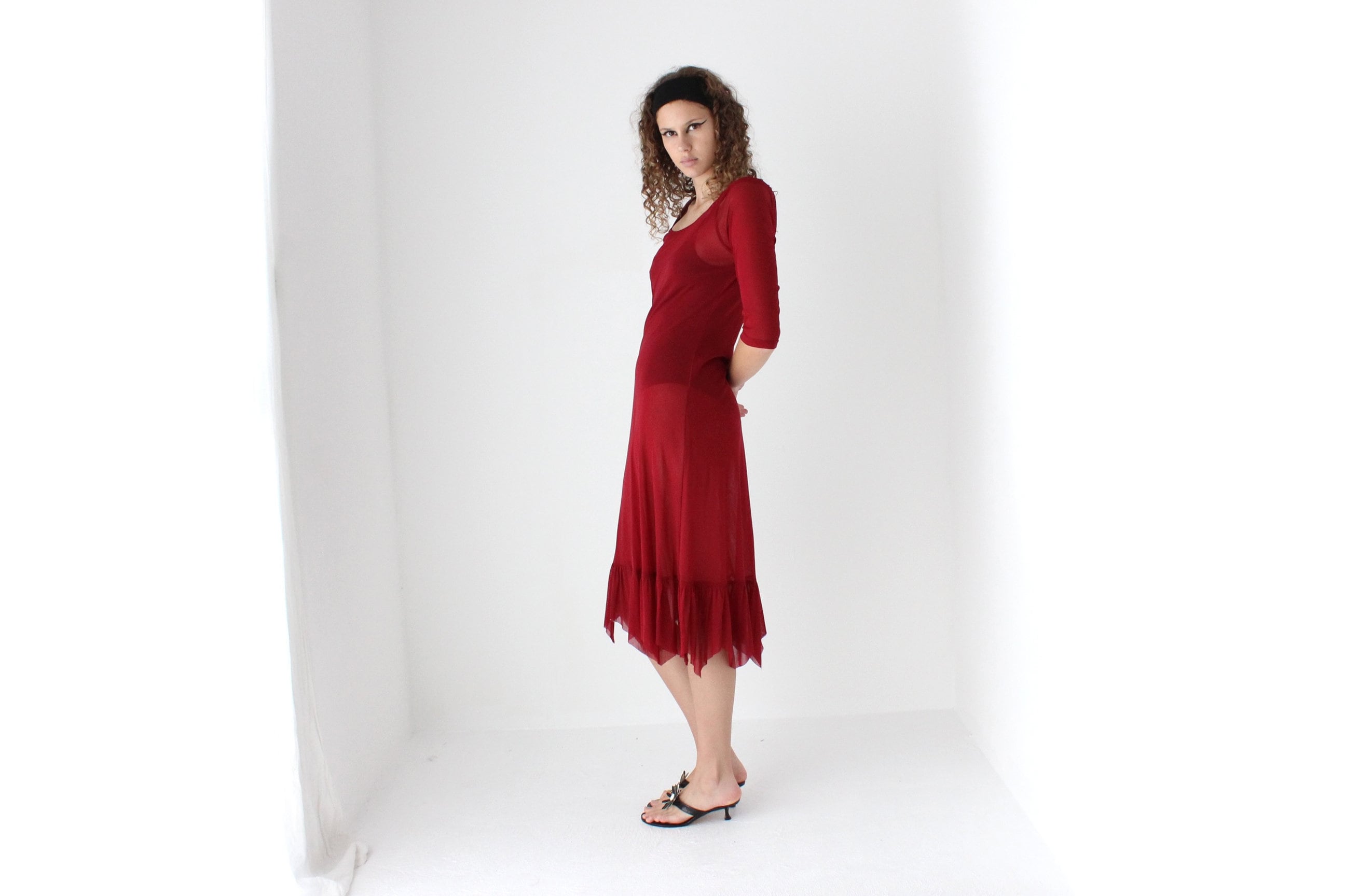 90s Sheer Burgundy Mesh Dress w/ Pointed Hem