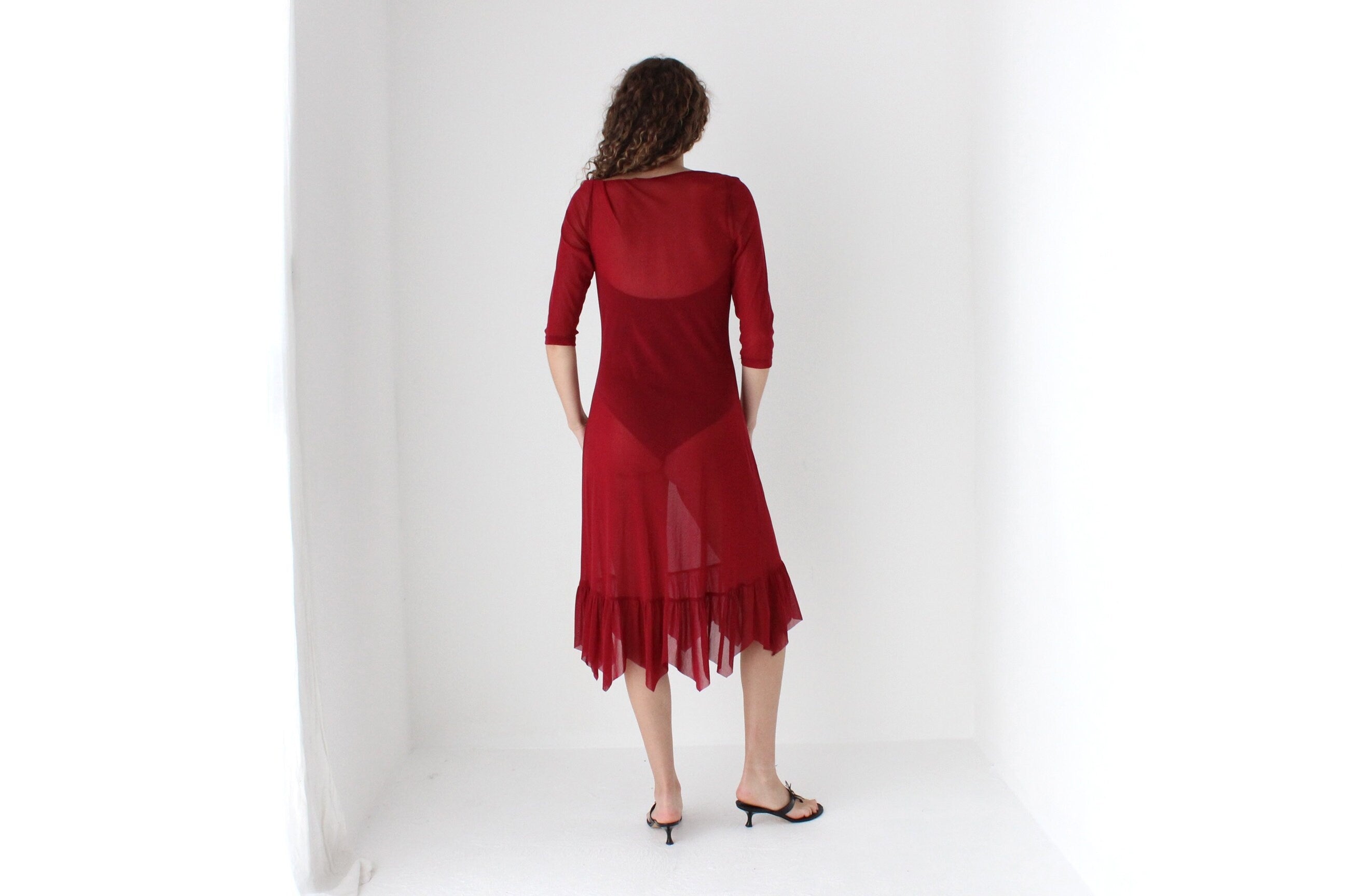 90s Sheer Burgundy Mesh Dress w/ Pointed Hem