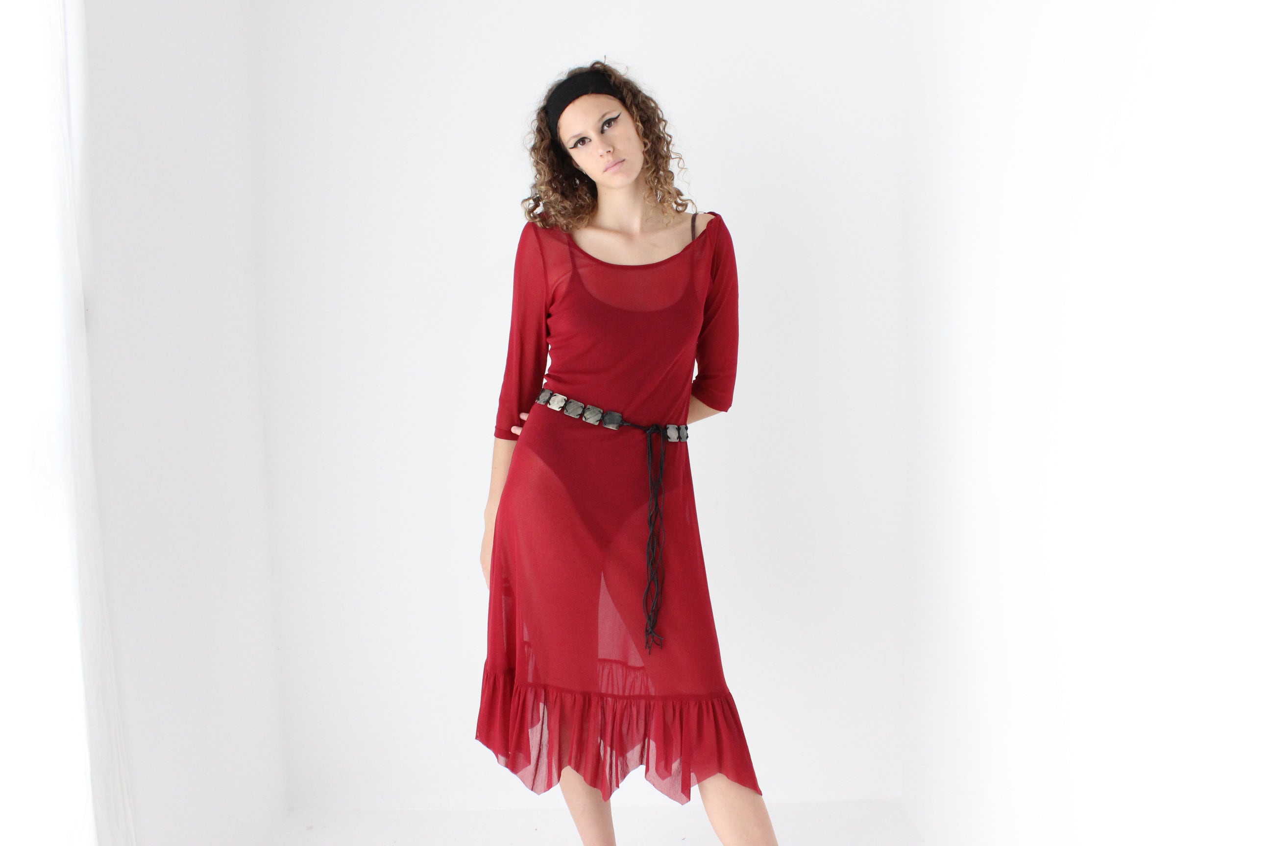 90s Sheer Burgundy Mesh Dress w/ Pointed Hem