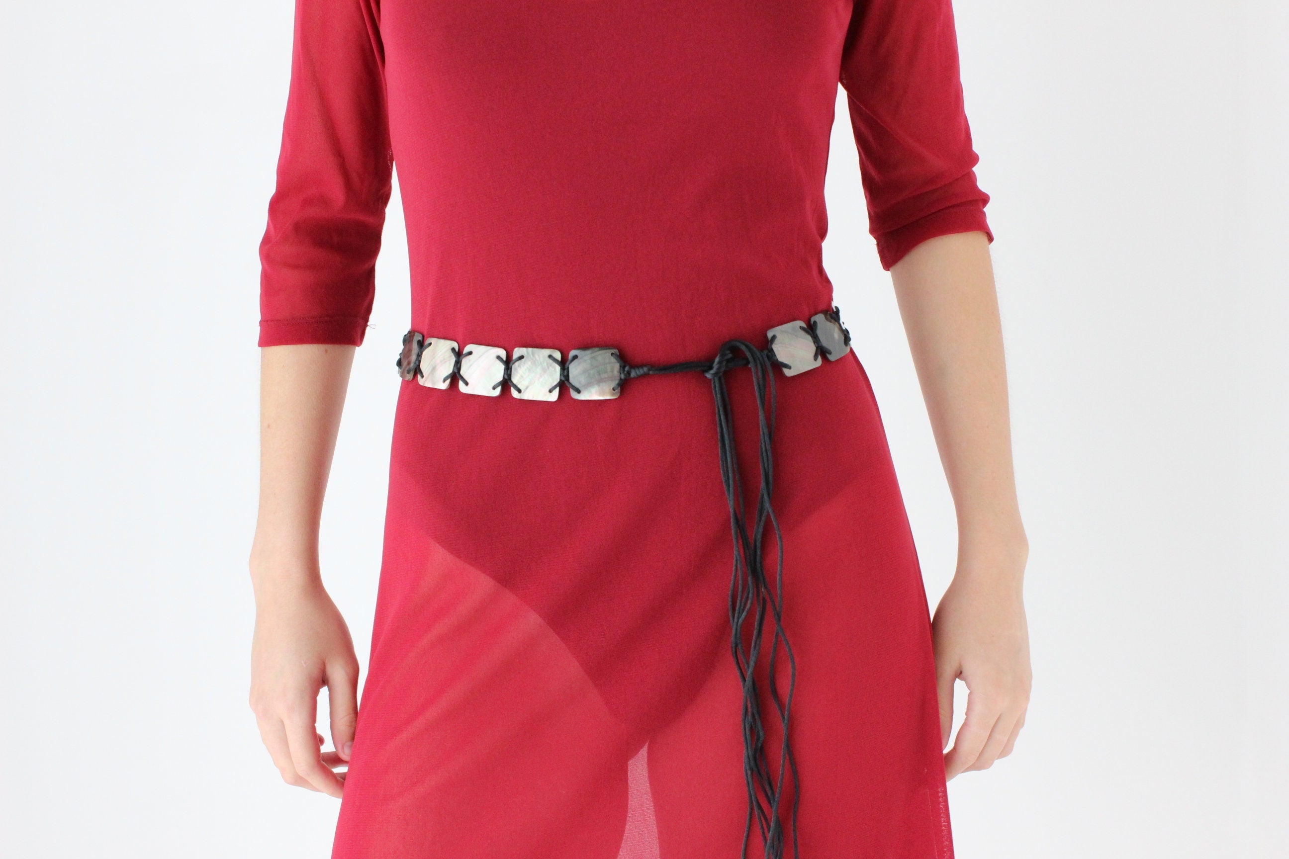 90s Mother of Pearl Shell Tie Up Belt