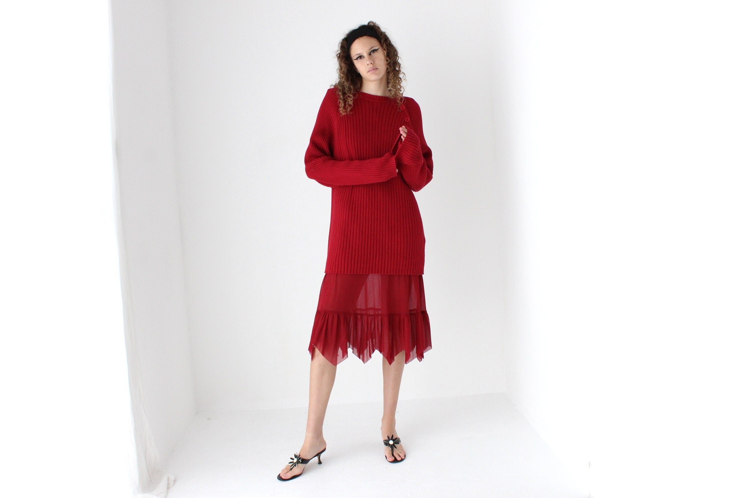 90s Pure Cotton Ribbed Knit Oversized Sweater Dress