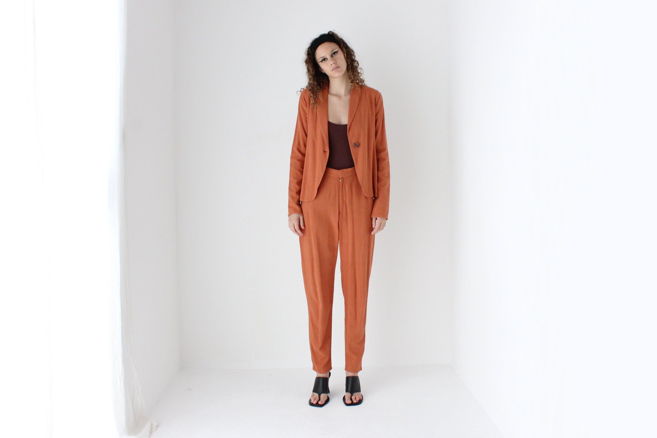 90s Terracotta Woven Linen Pant Suit