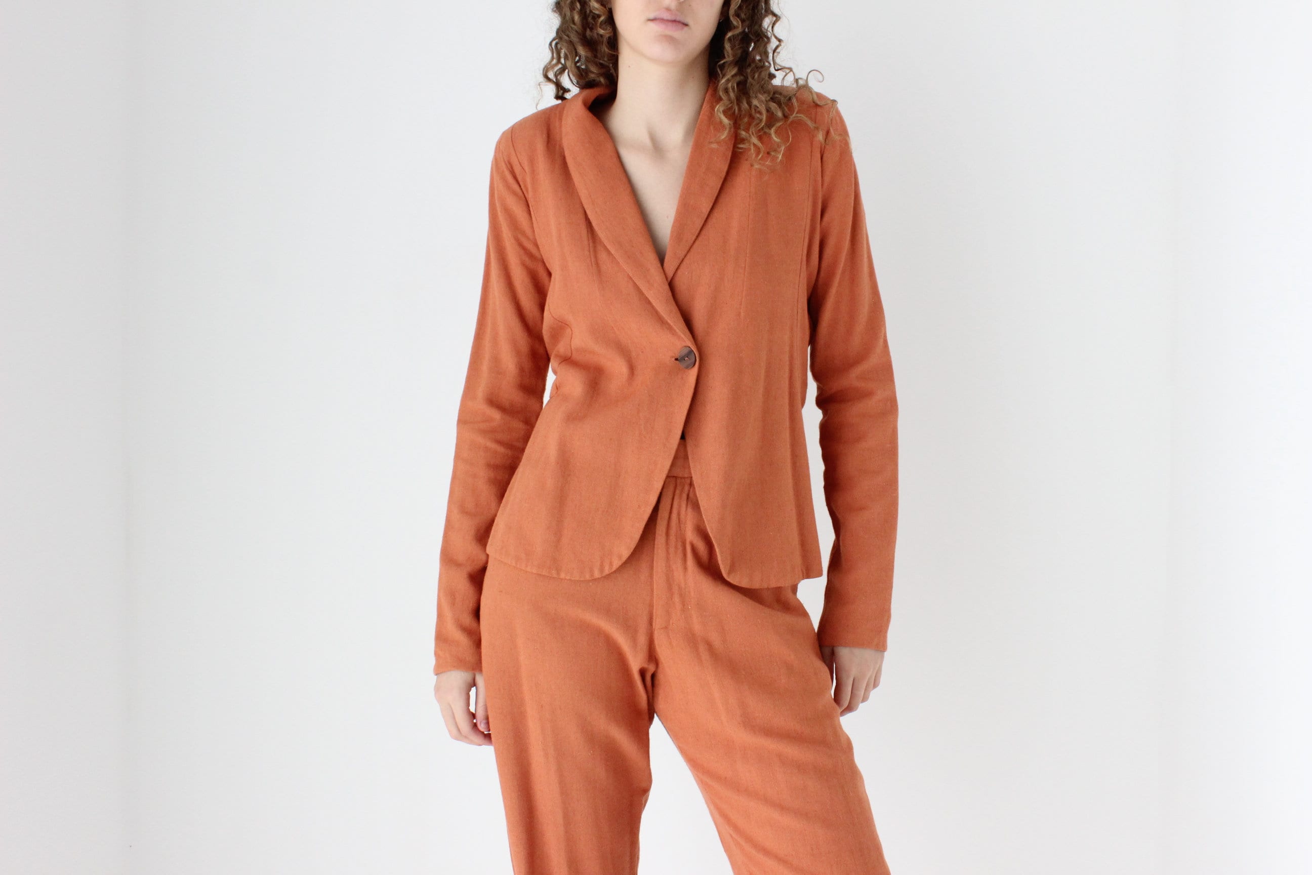 90s Terracotta Woven Linen Pant Suit