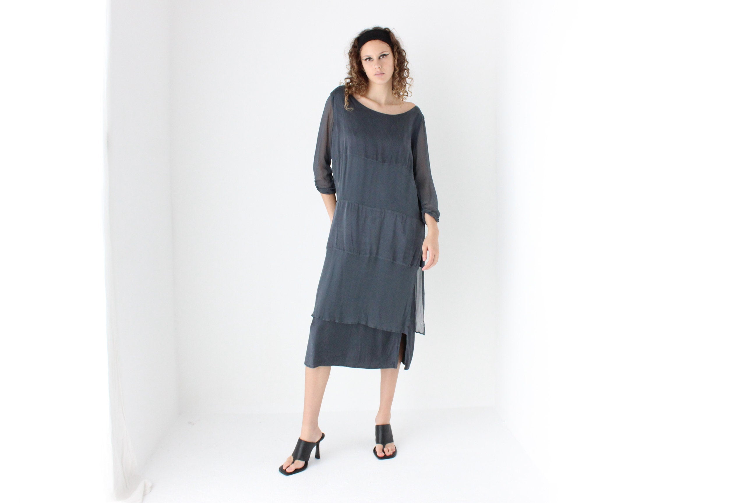 90s Pure Silk Layered Slate Grey Relaxed Dress w/ Satin & Sheer Panels