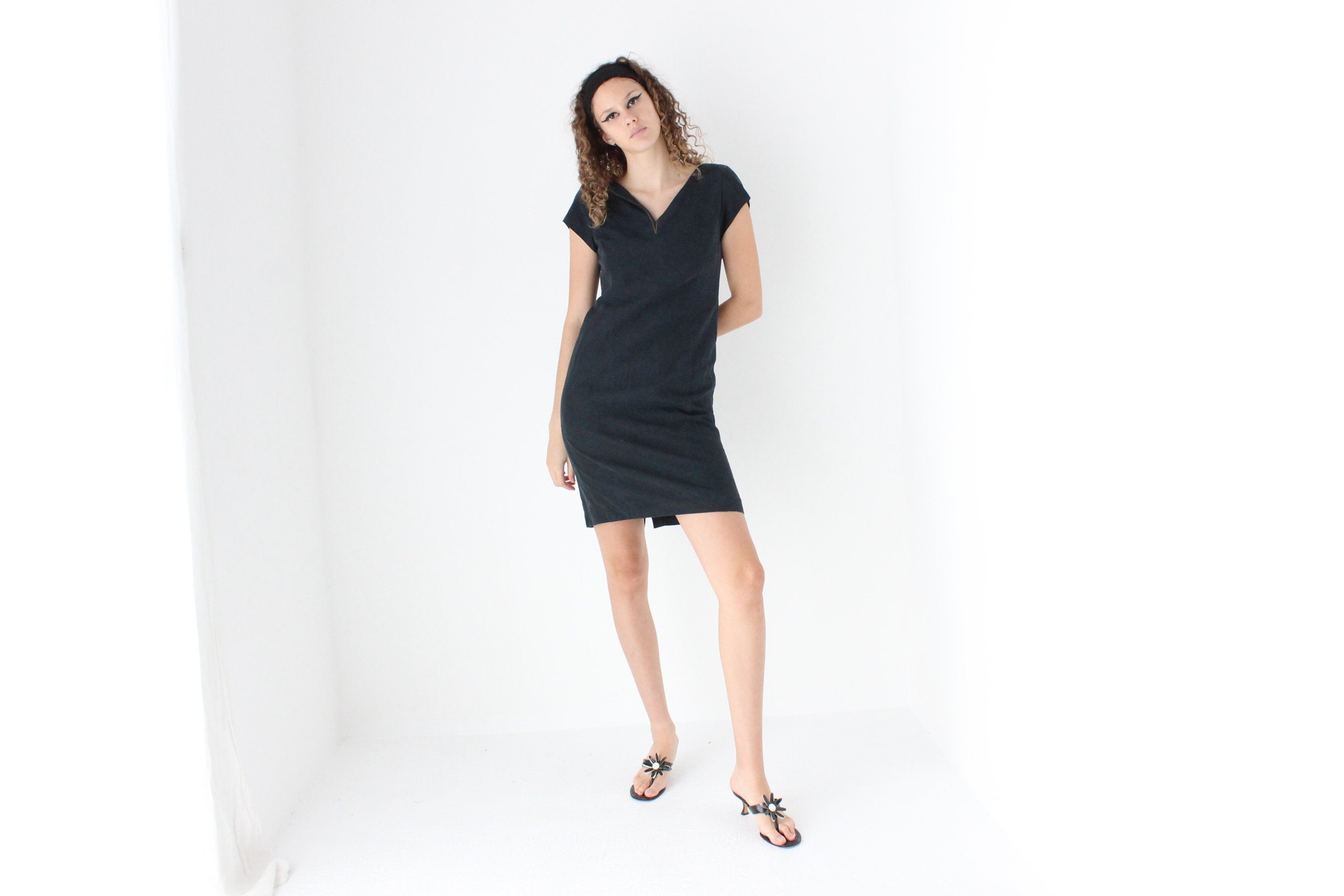 90s Silk & Linen Navy Blue Sheath Dress