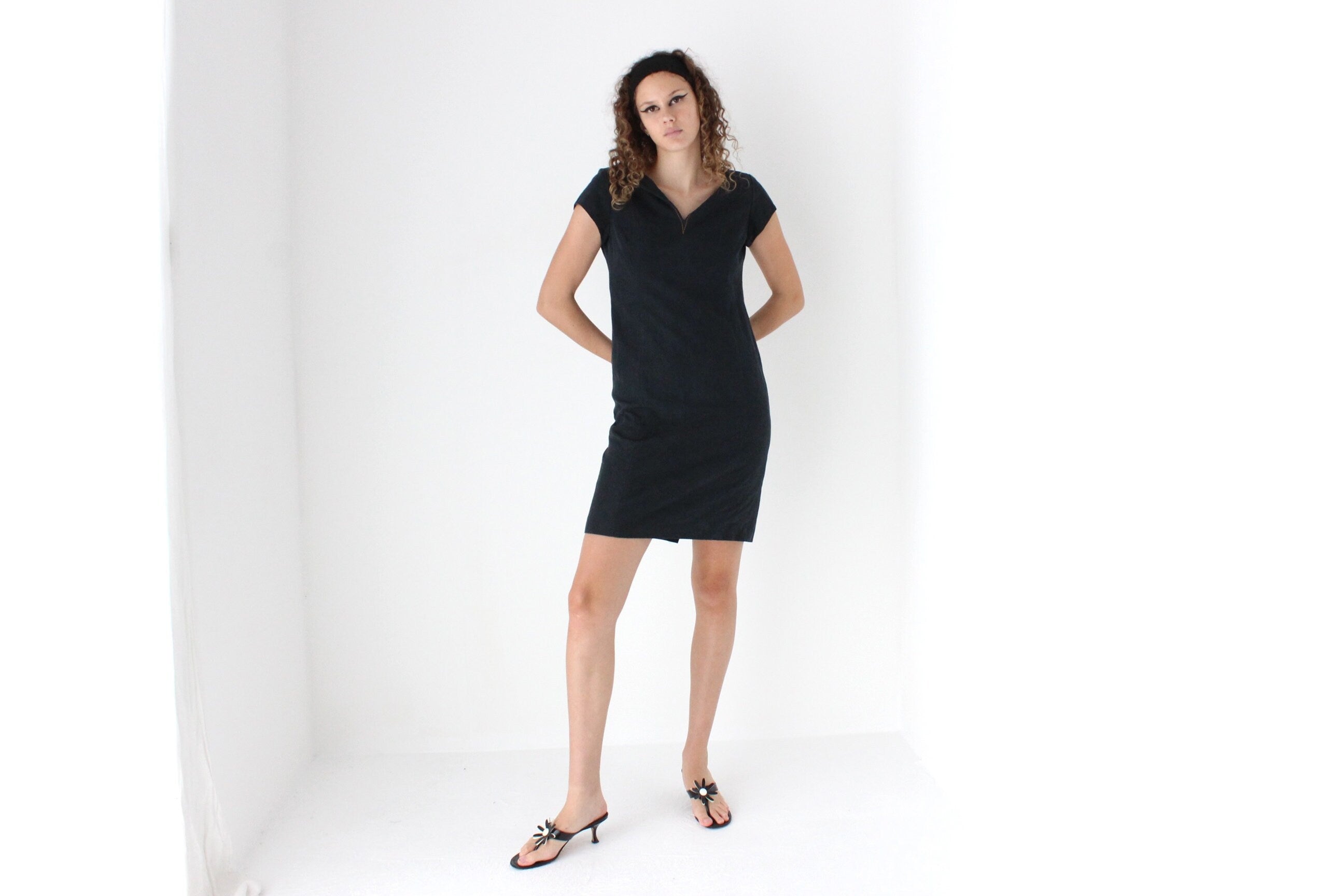 90s Silk & Linen Navy Blue Sheath Dress