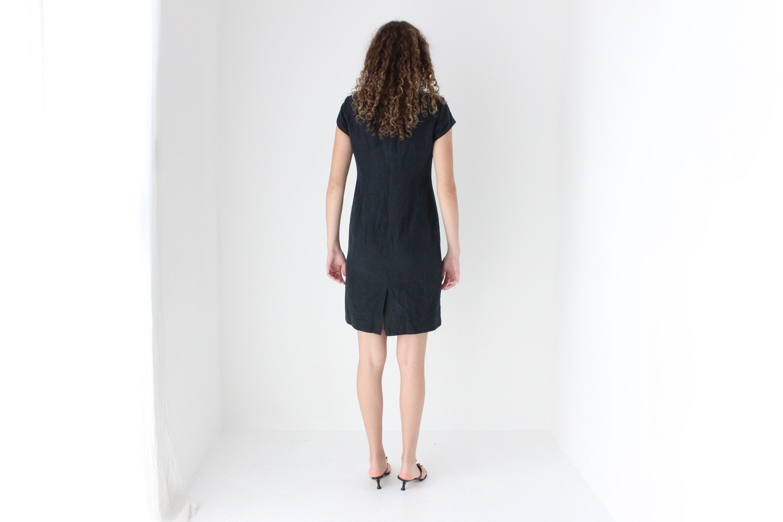 90s Silk & Linen Navy Blue Sheath Dress