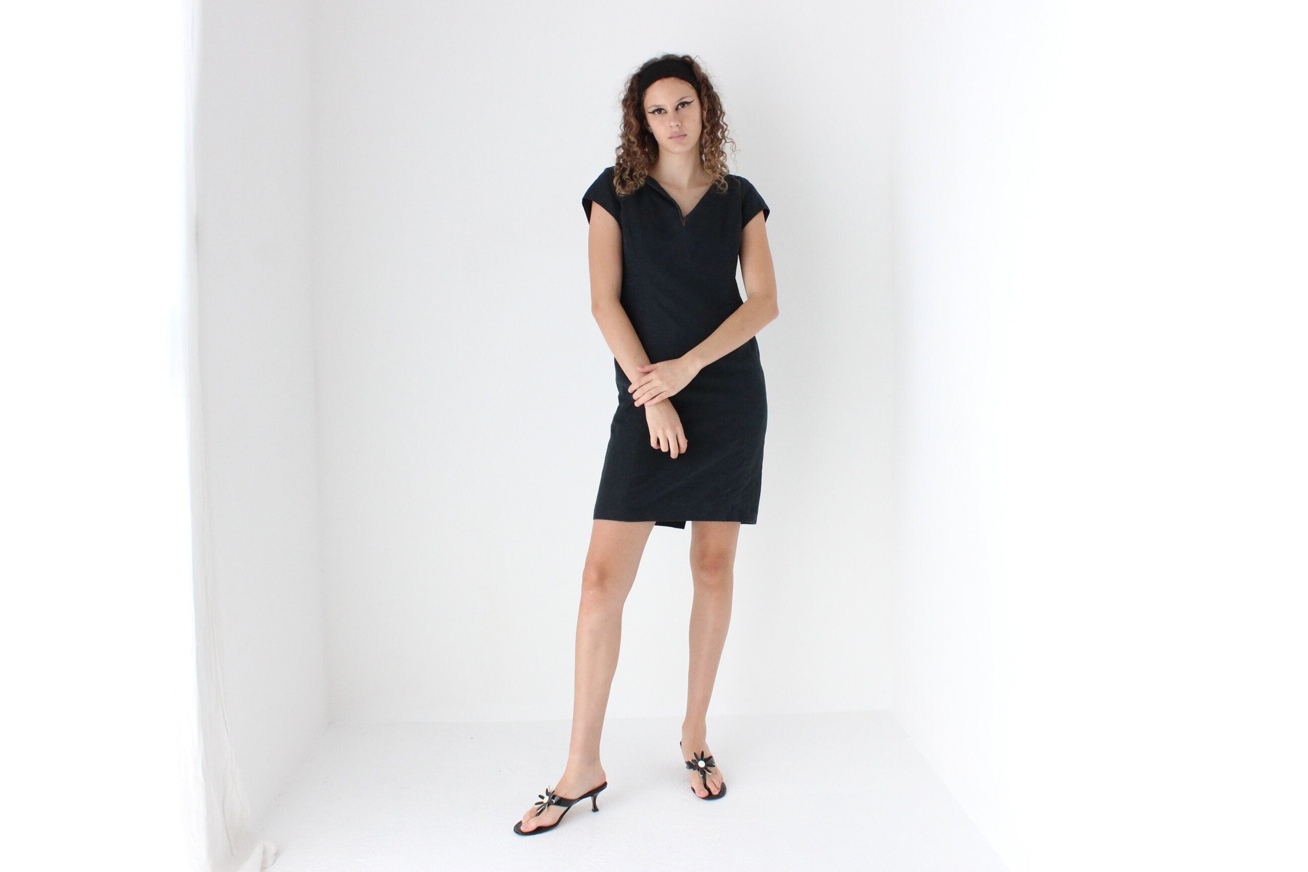 90s Silk & Linen Navy Blue Sheath Dress