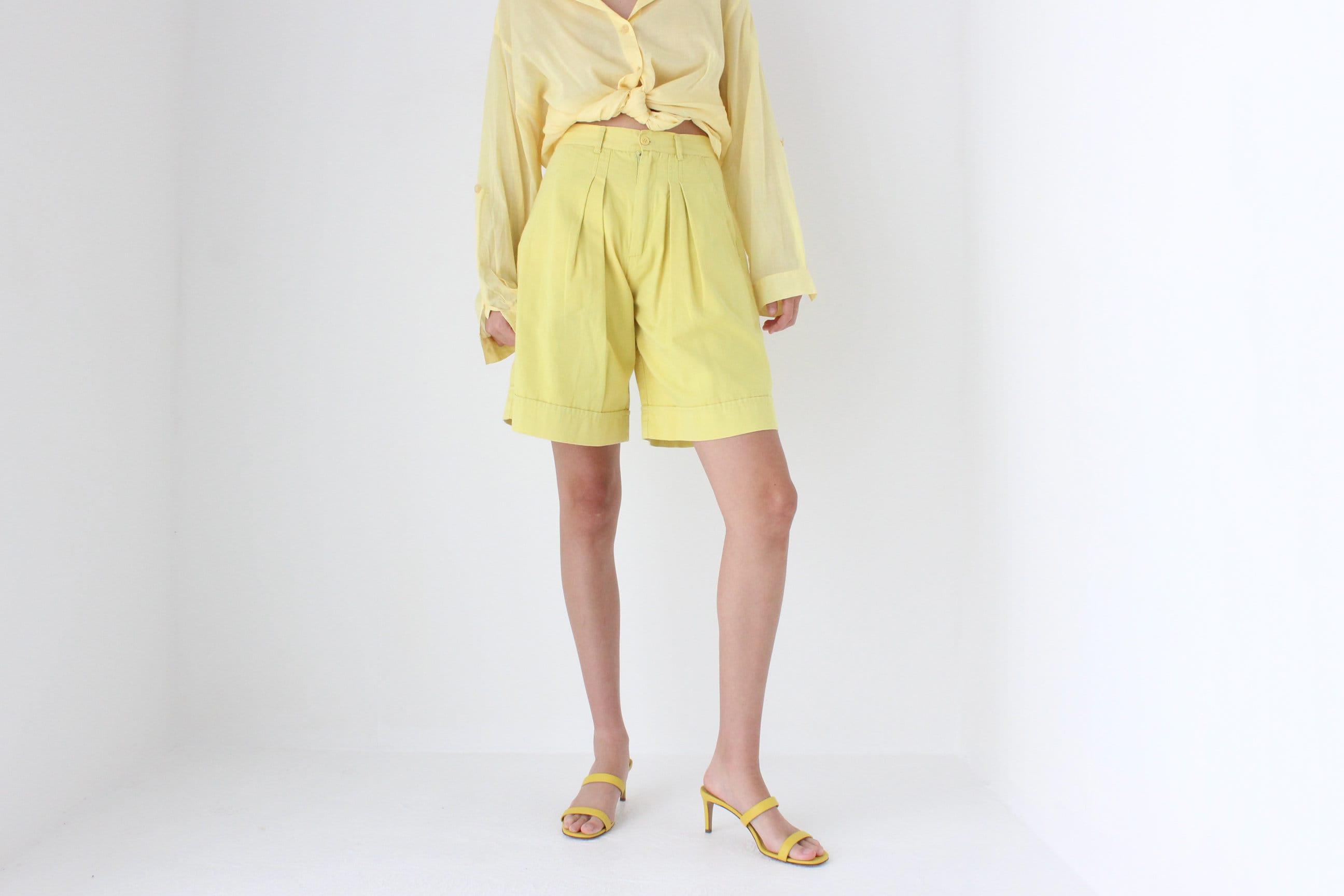 80s European Lemon Yellow Cotton Knee Length Shorts