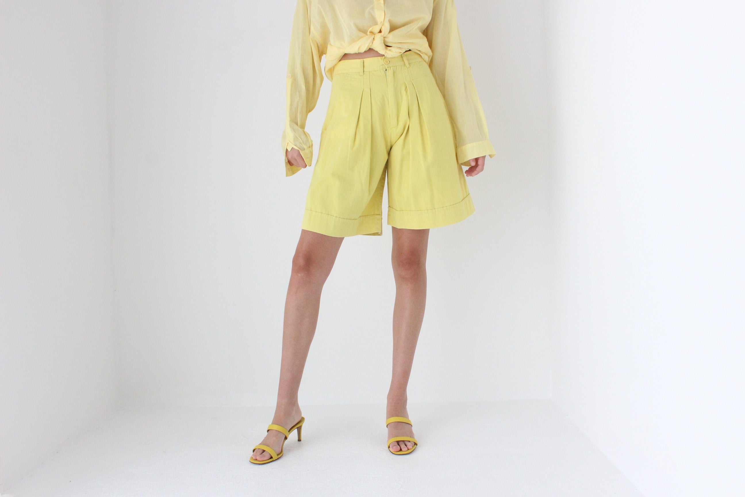 80s European Lemon Yellow Cotton Knee Length Shorts