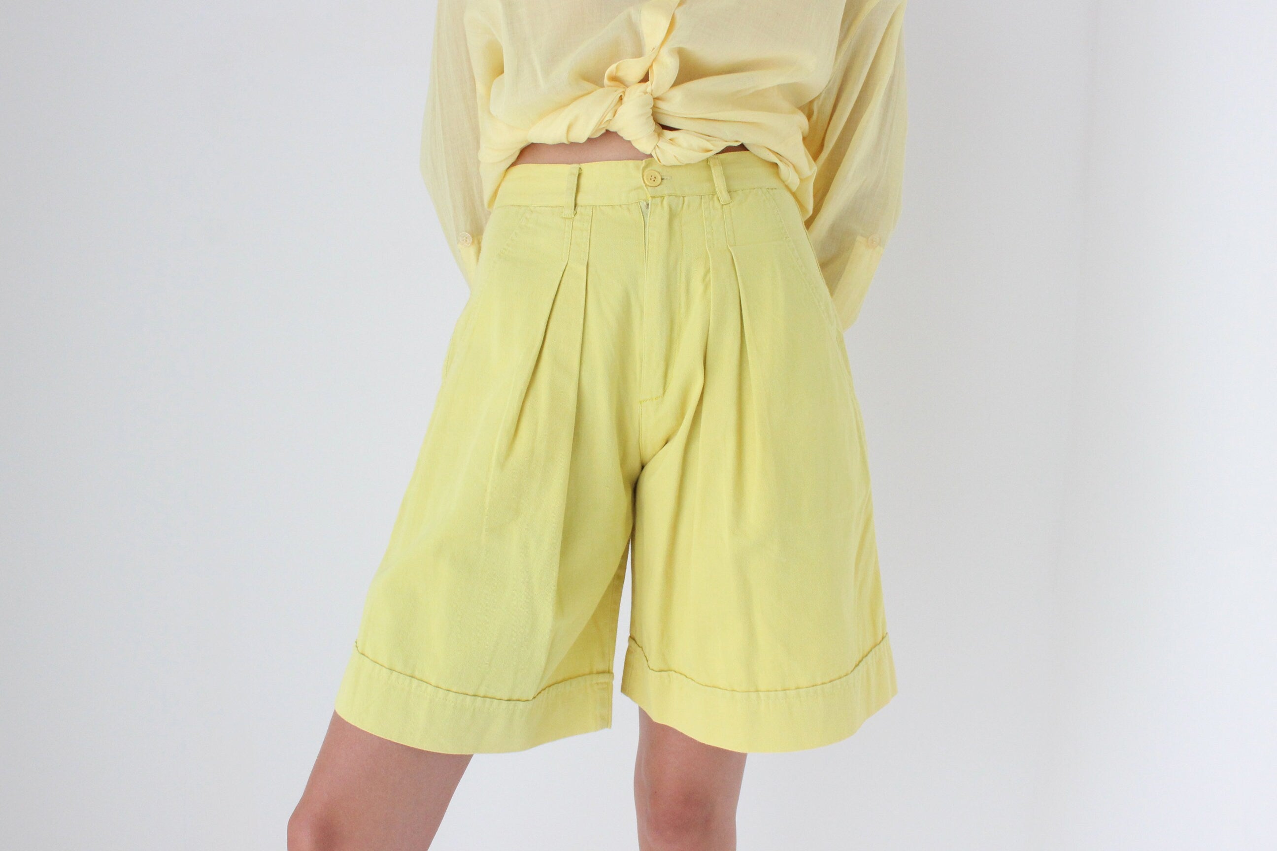 80s European Lemon Yellow Cotton Knee Length Shorts