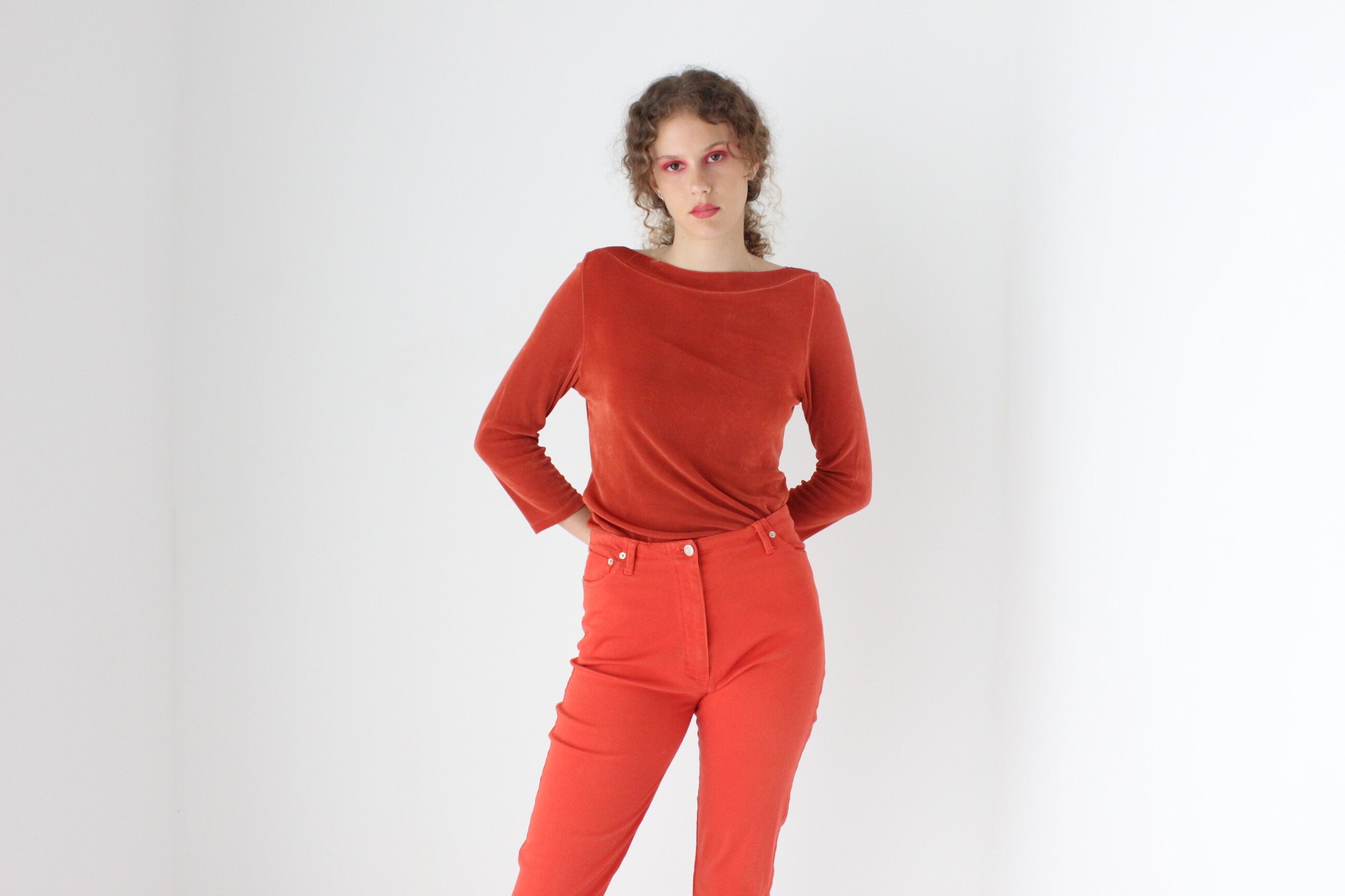 90s Slinky Rust Orange Bateau Neck Top