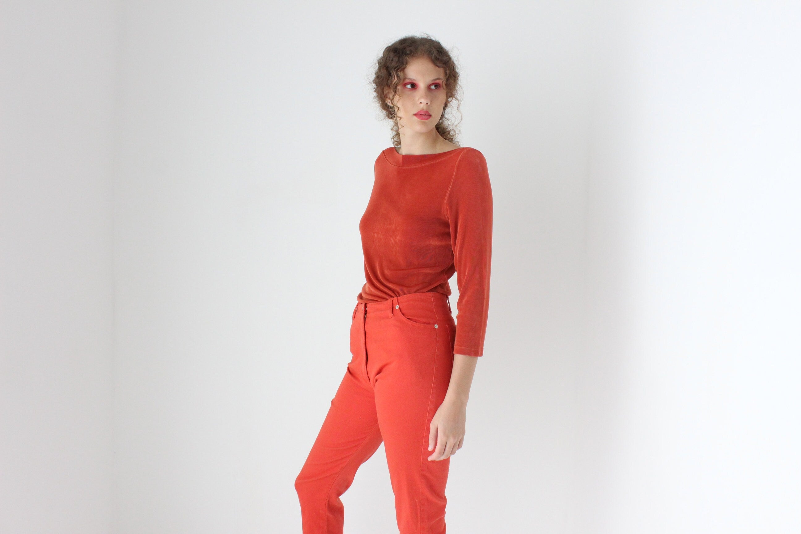 90s Slinky Rust Orange Bateau Neck Top