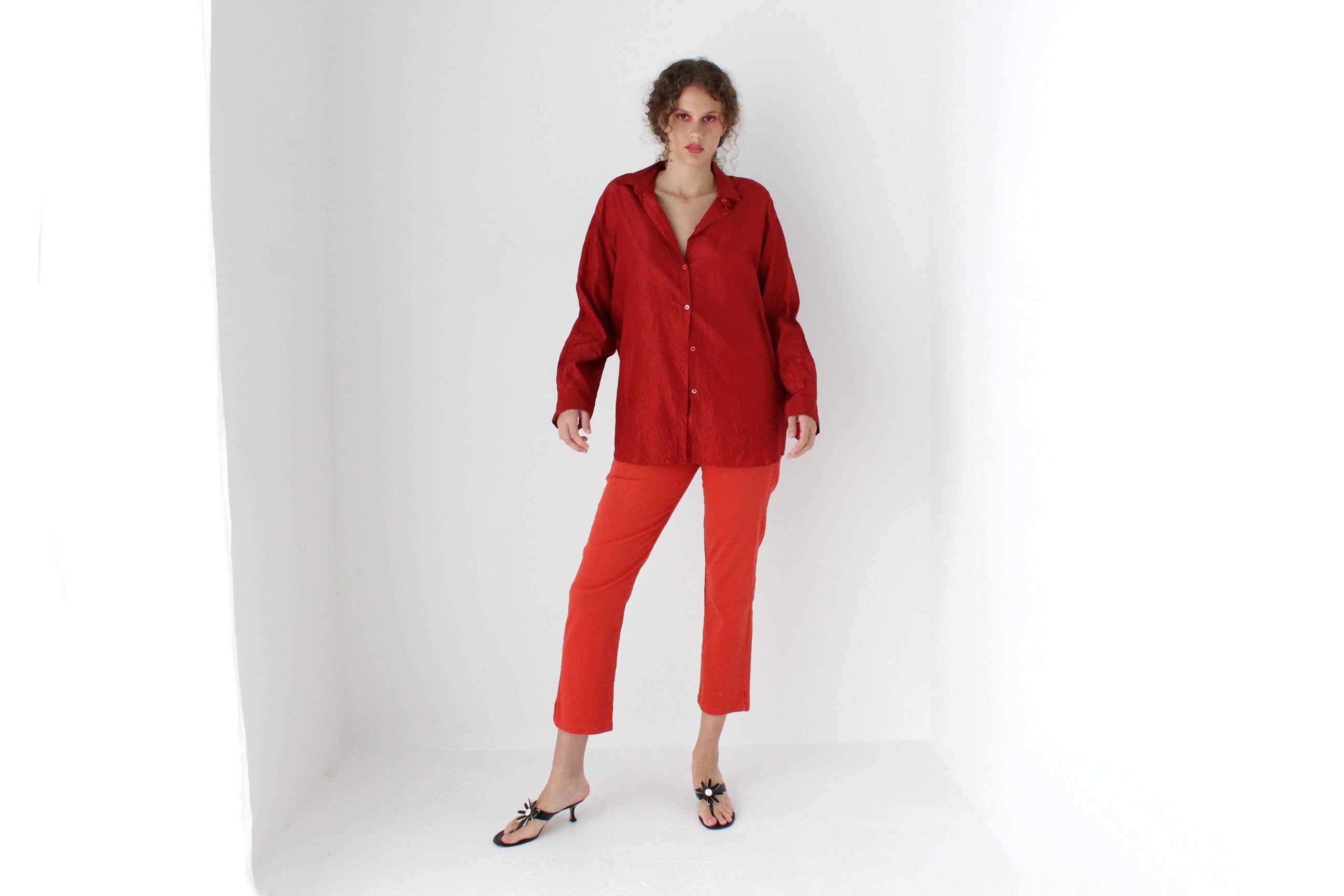 80s Silk Rust Red Button Up Shirt by Bogner