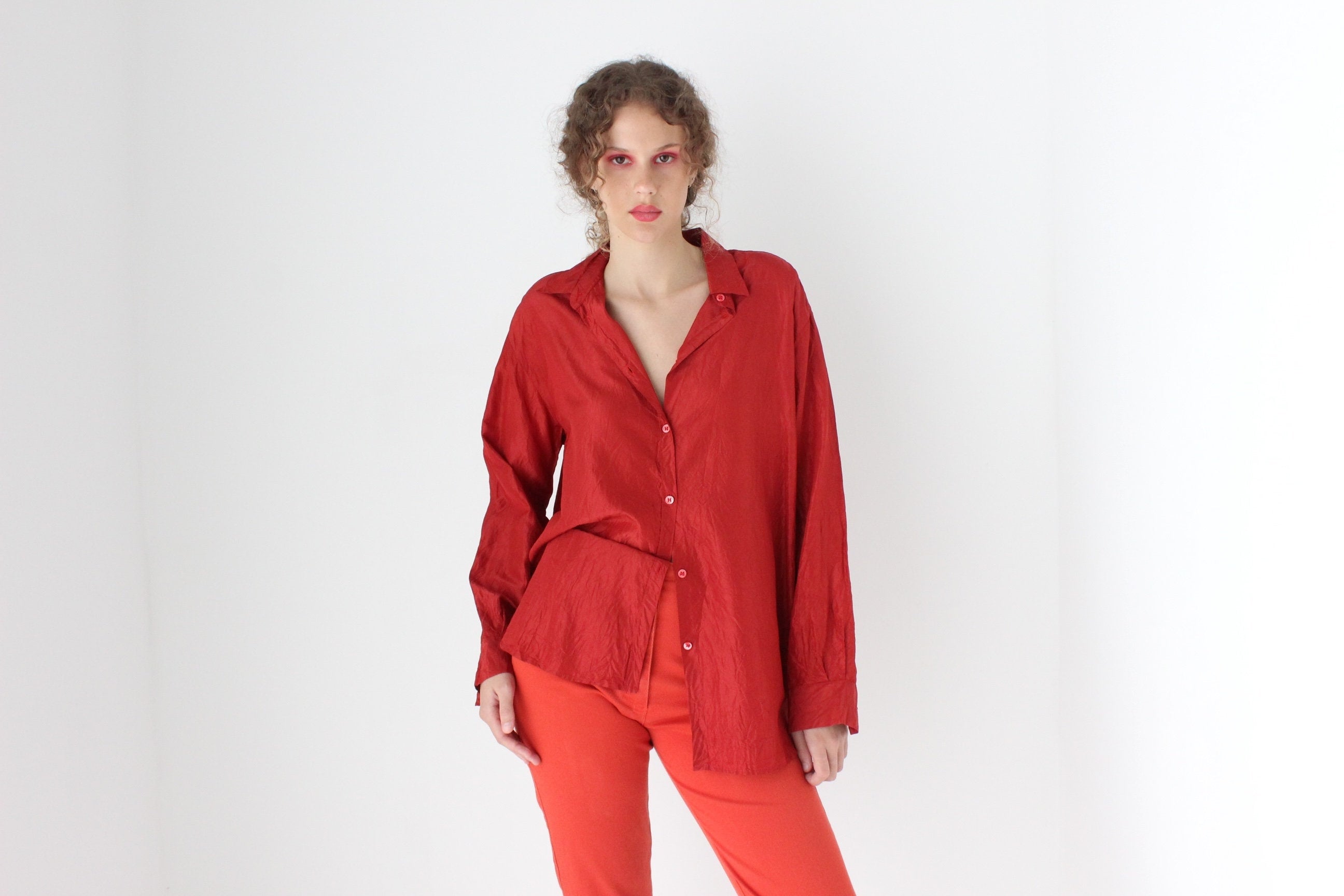80s Silk Rust Red Button Up Shirt by Bogner