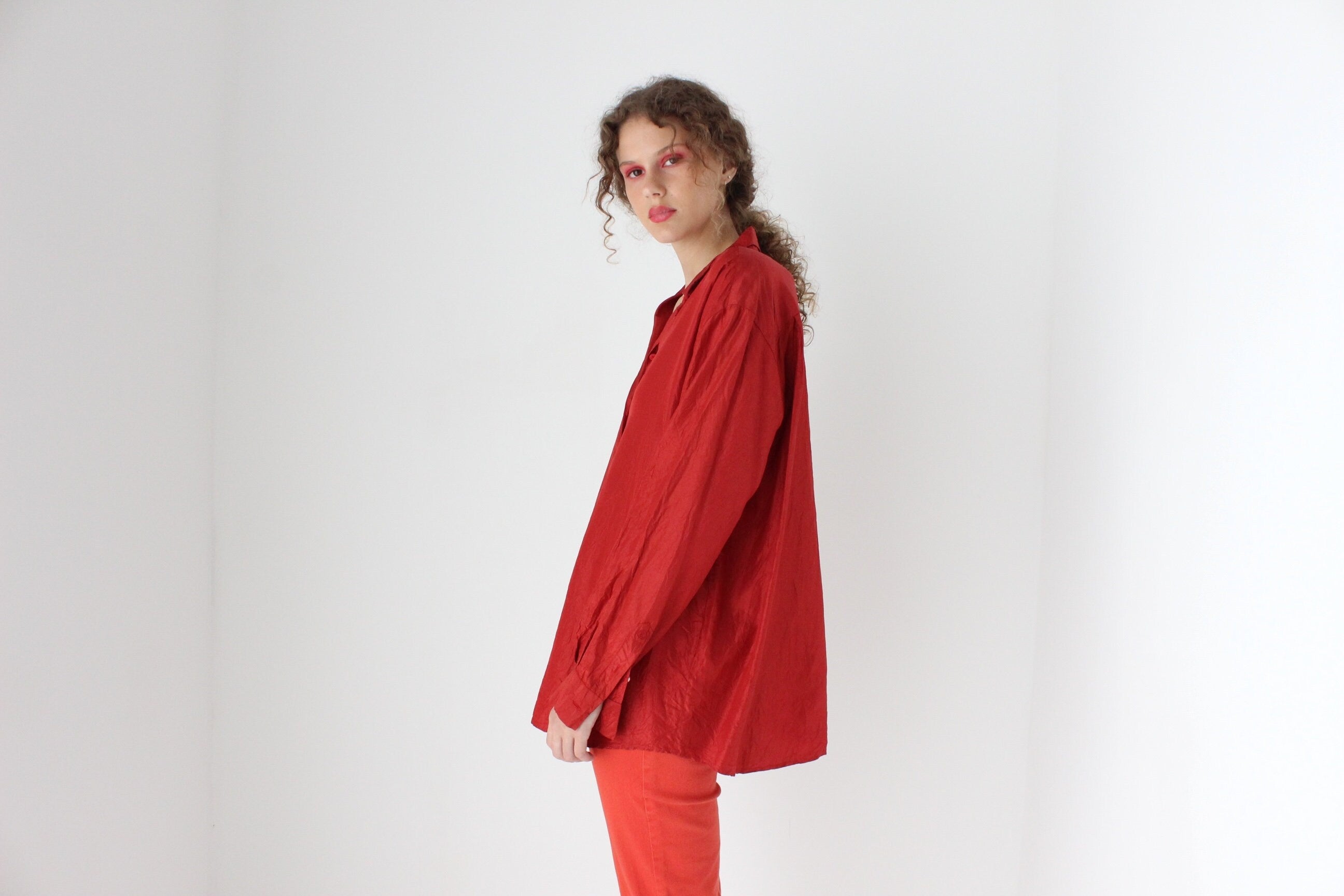 80s Silk Rust Red Button Up Shirt by Bogner