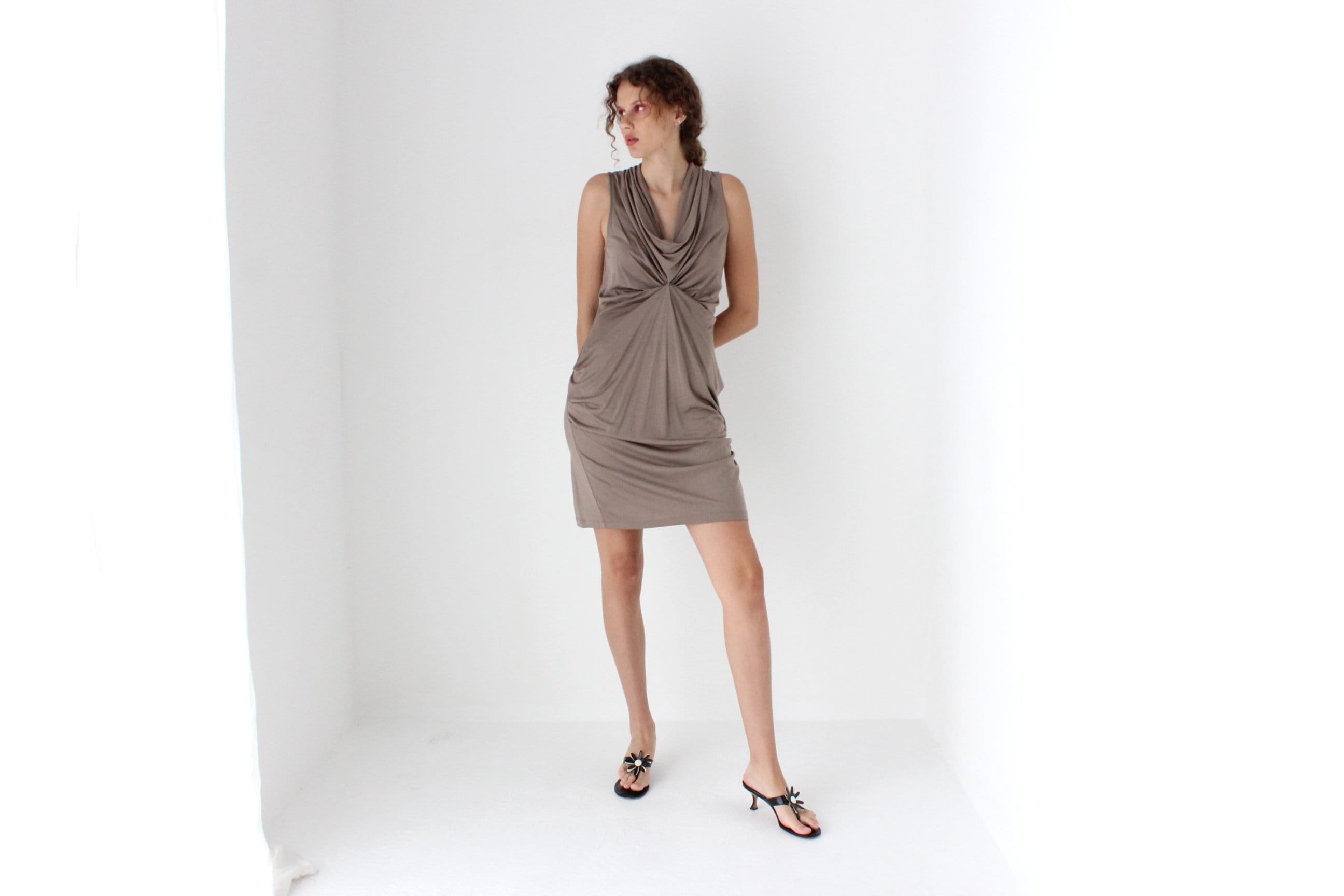 Y2K Spun Silk Gathered / Textured Origami Mini Dress