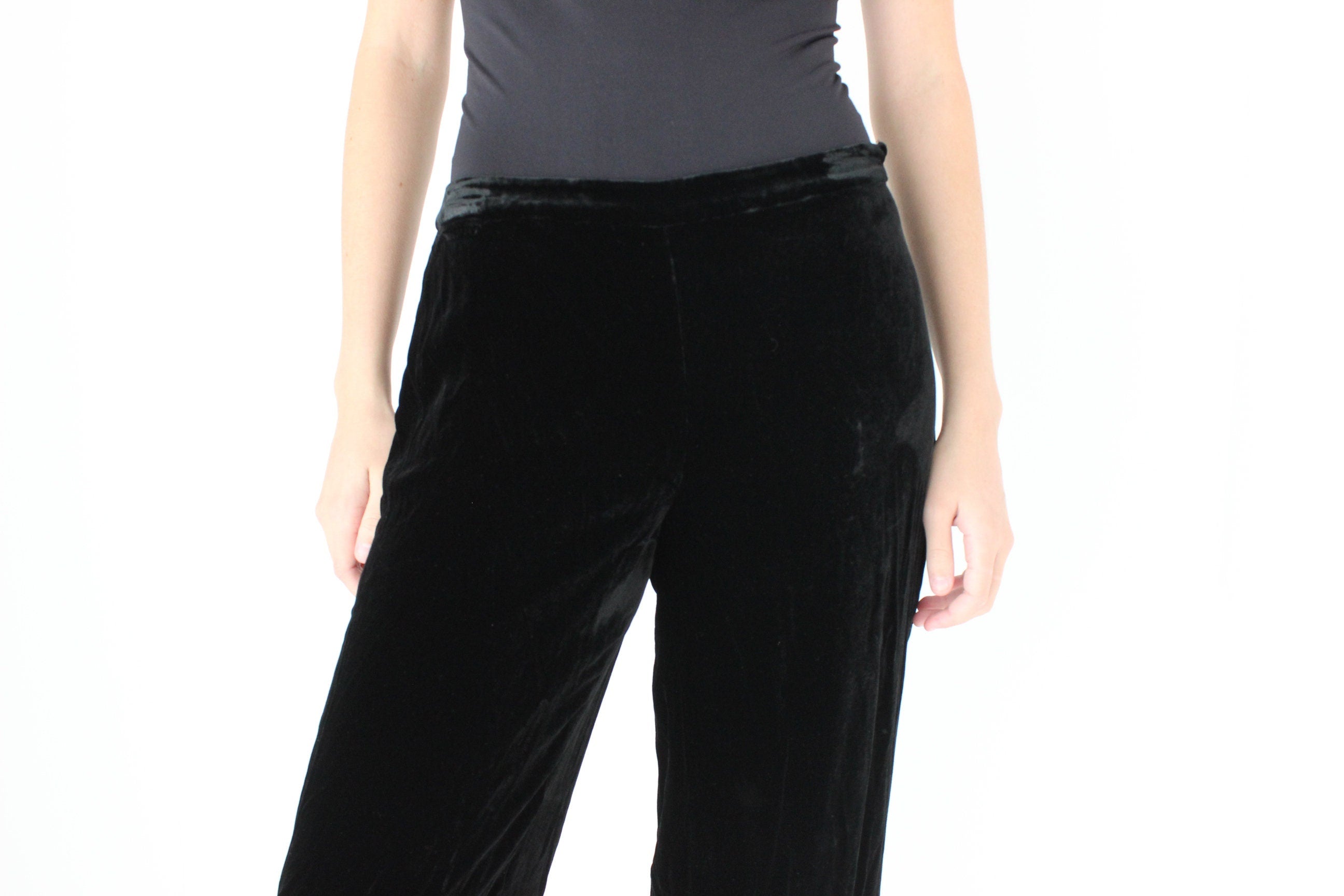 90s SILK VELVET Minimal, Relaxed Wide Leg Trousers in Black