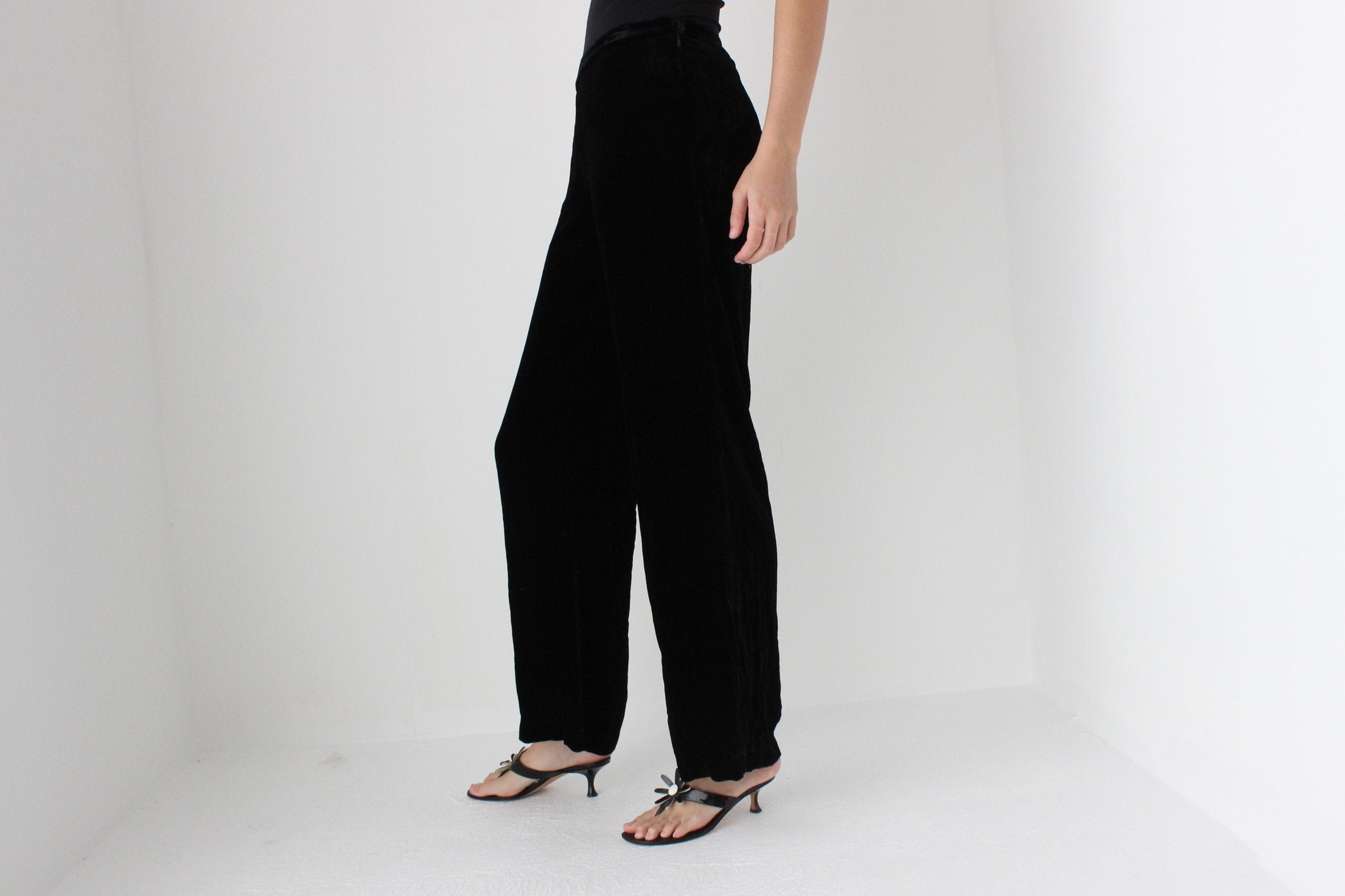 90s SILK VELVET Minimal, Relaxed Wide Leg Trousers in Black