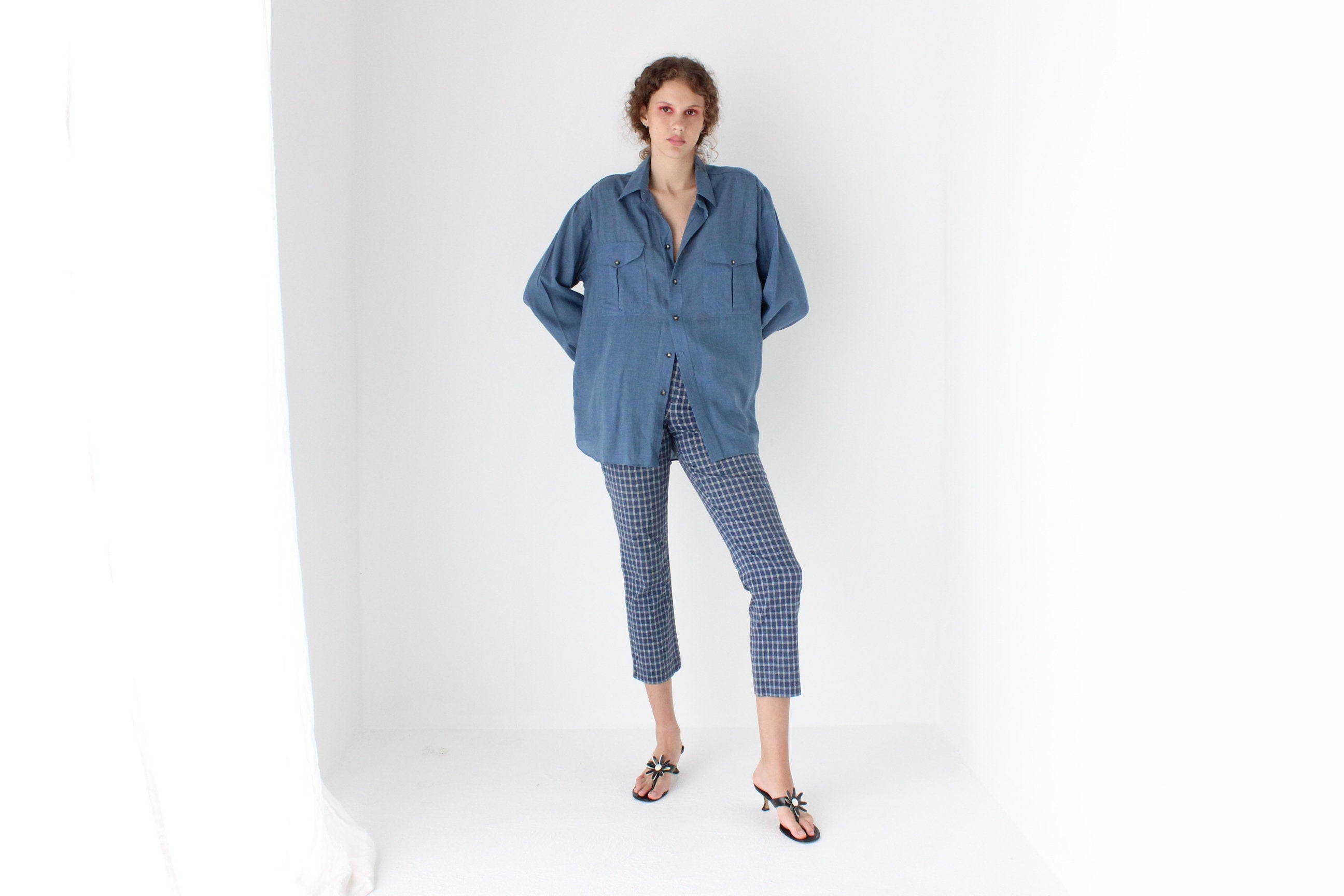 80s Italian Vintage Denim Jeans w/ Plaid Check