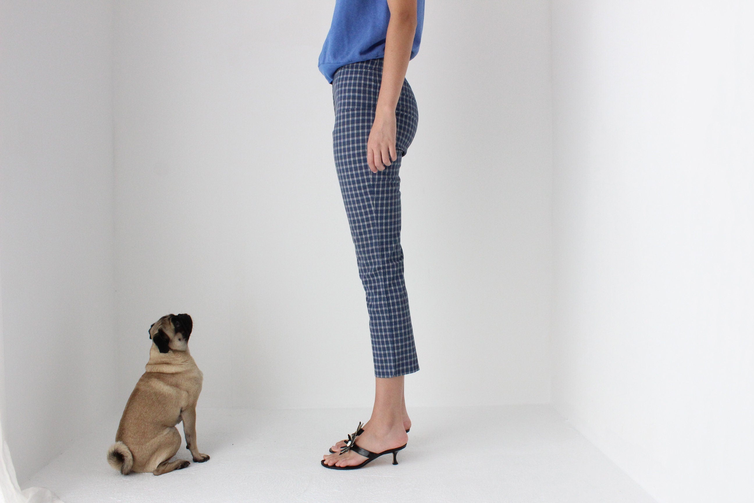 80s Italian Vintage Denim Jeans w/ Plaid Check