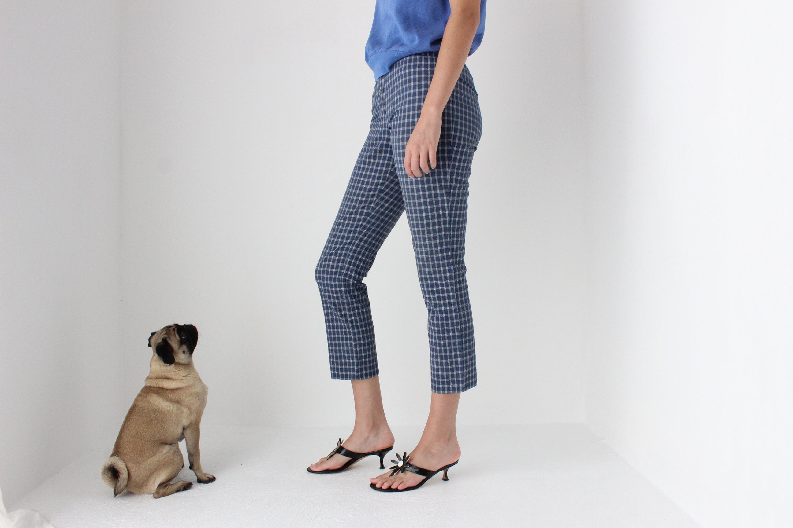 80s Italian Vintage Denim Jeans w/ Plaid Check
