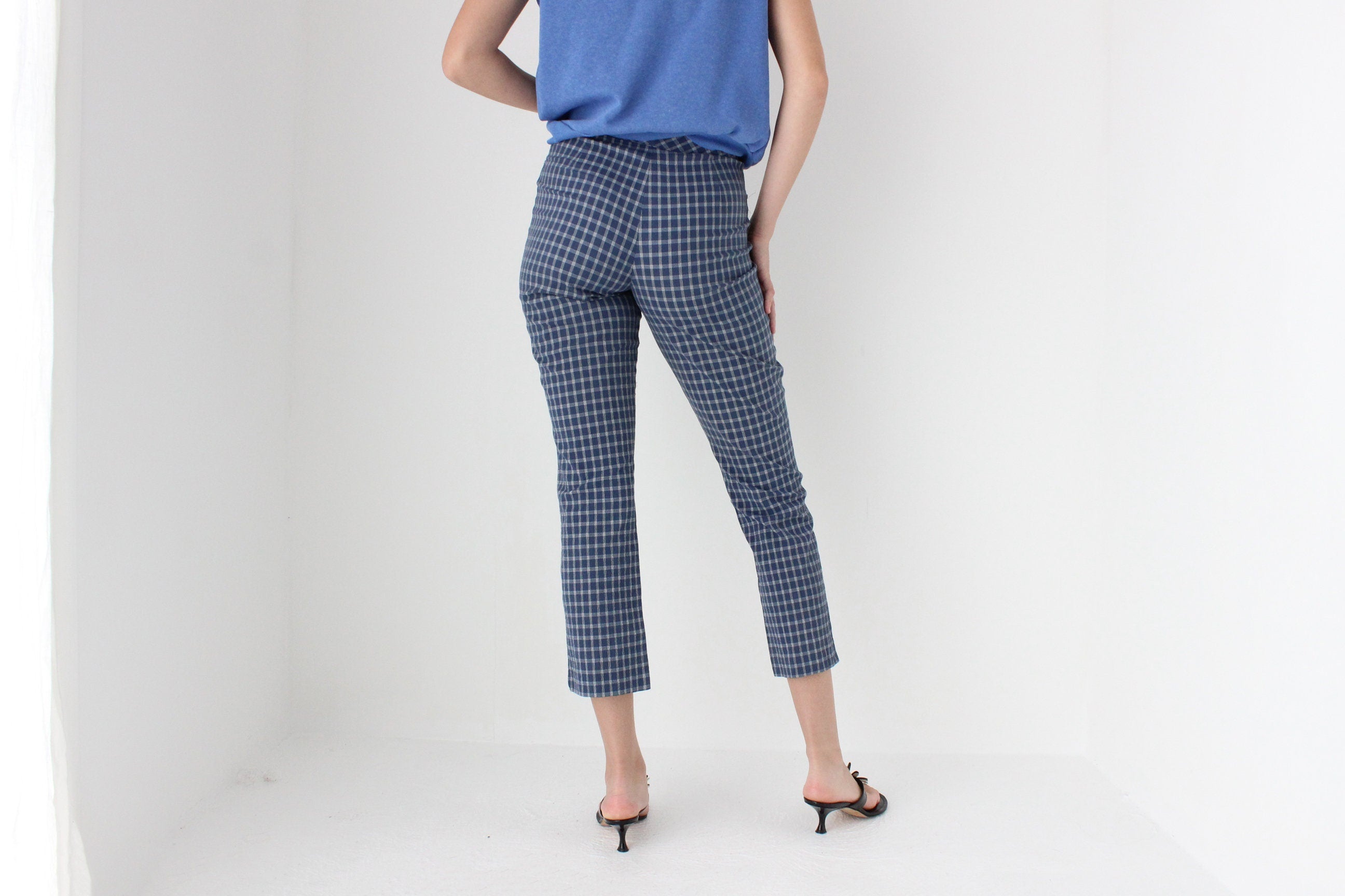 80s Italian Vintage Denim Jeans w/ Plaid Check