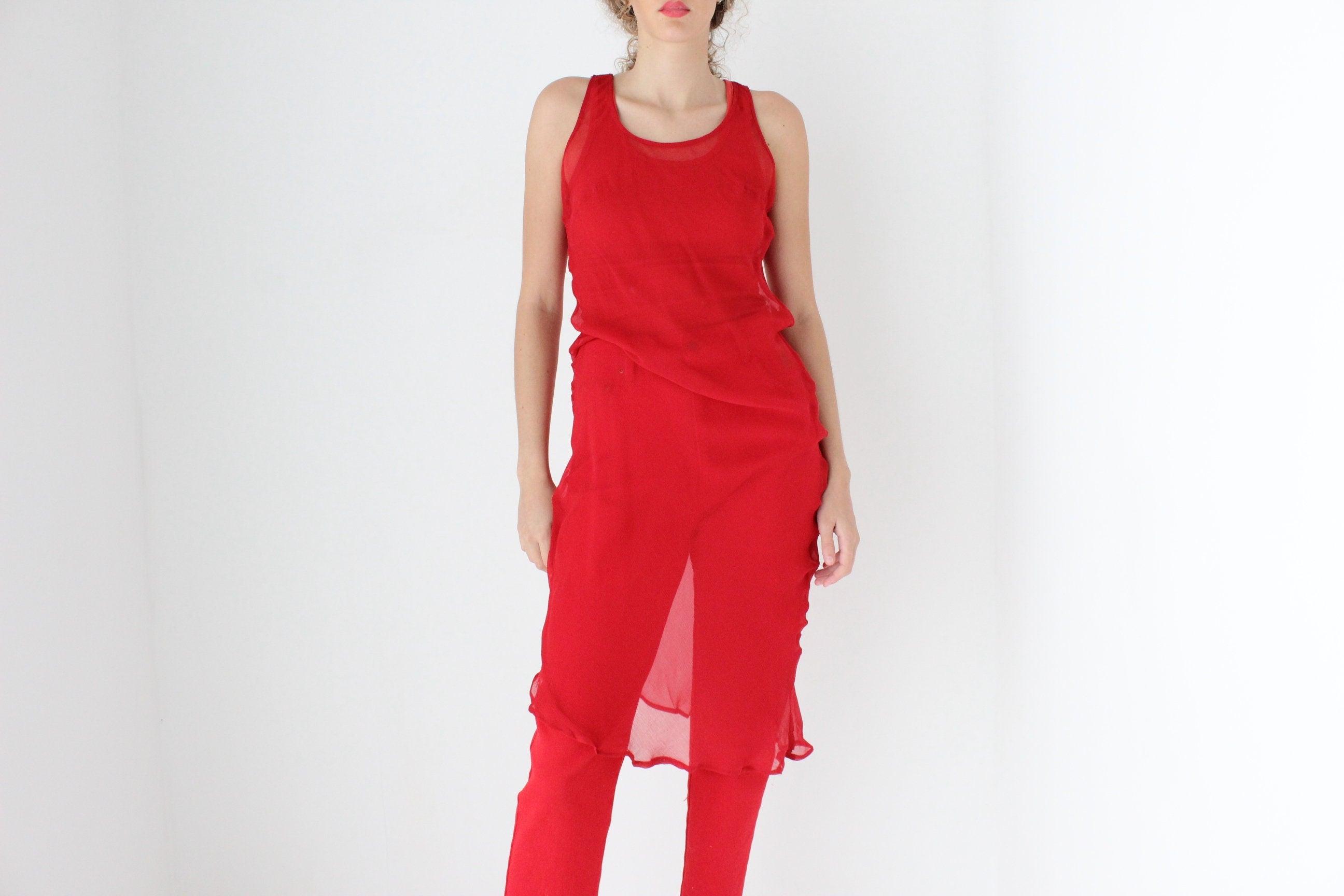 90s PURE SILK Sheer Georgette Bias Cut Dress in Red
