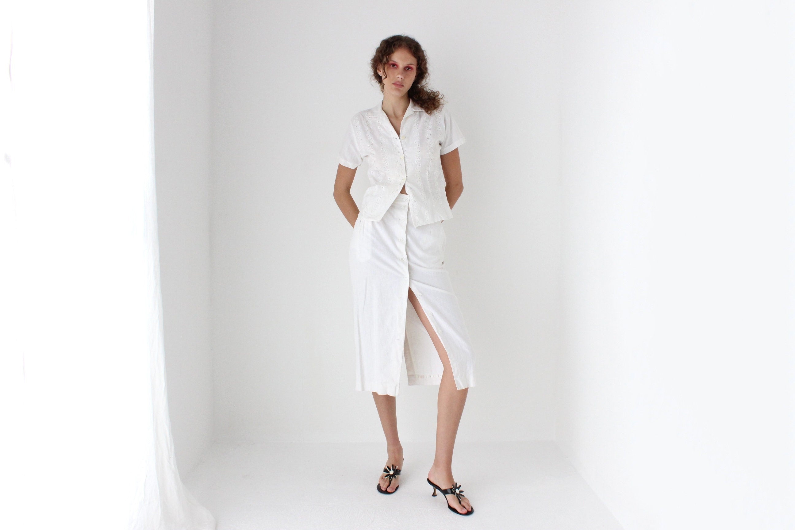 80s White Cotton Linen Button Front Skirt