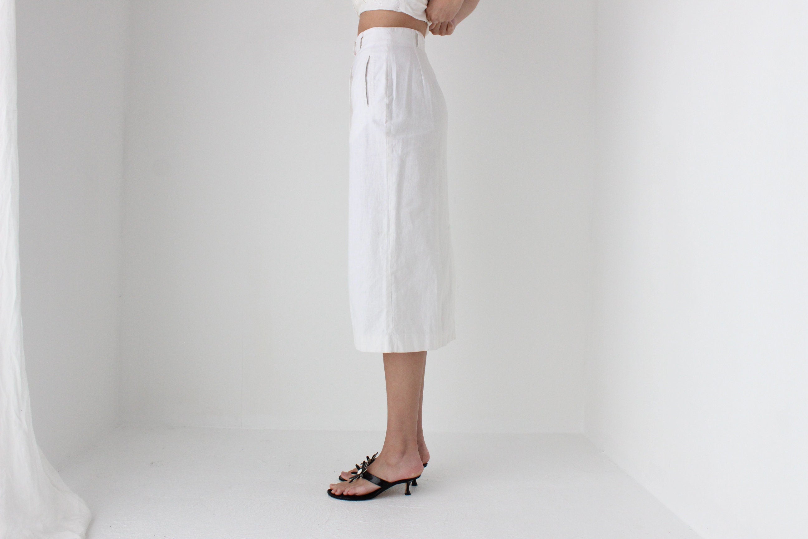 80s White Cotton Linen Button Front Skirt